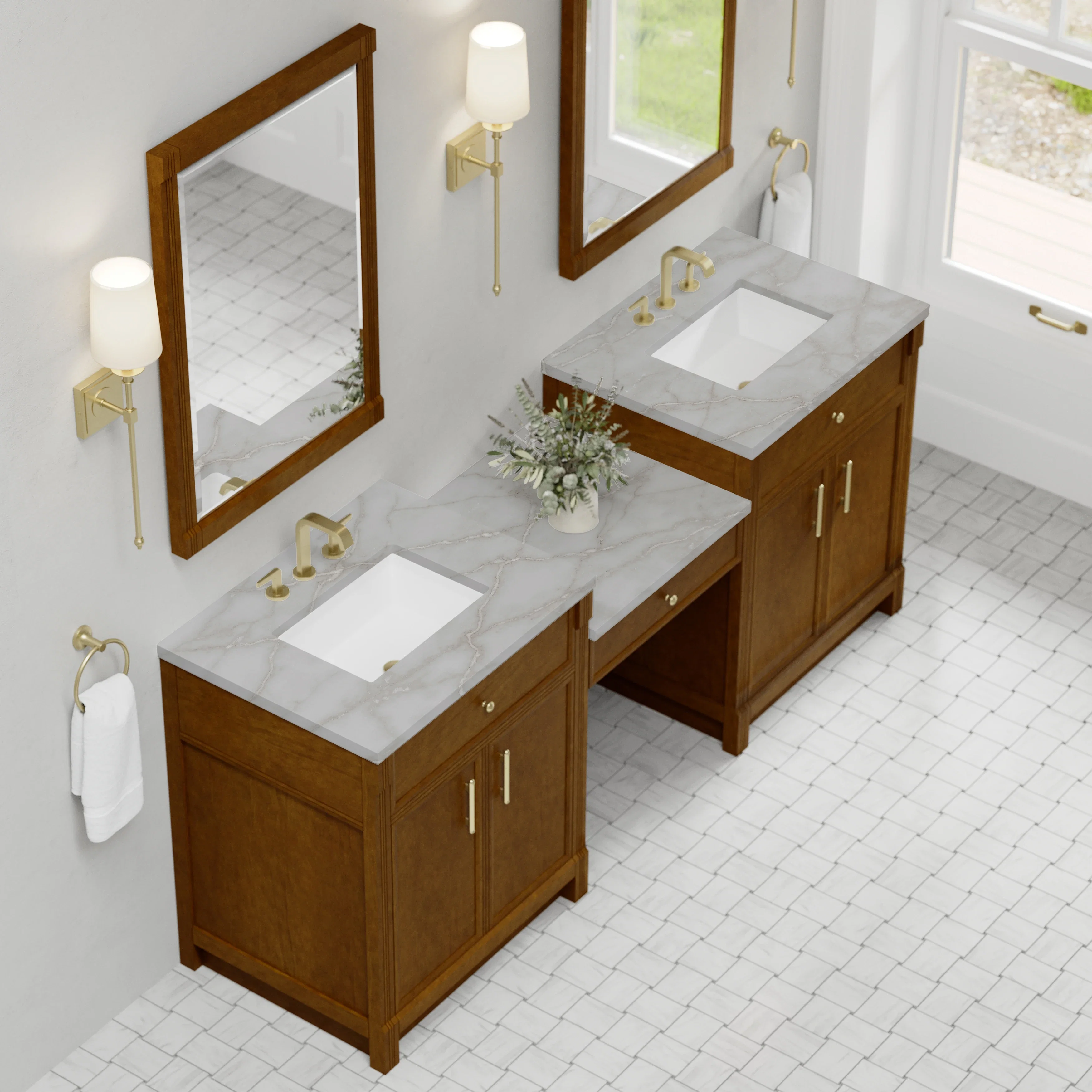 Bellshire 84" Dual Vanity Set with 24" Make-Up Counter, Honey Oak w/3 cm Victorian Silver Silestone Top
