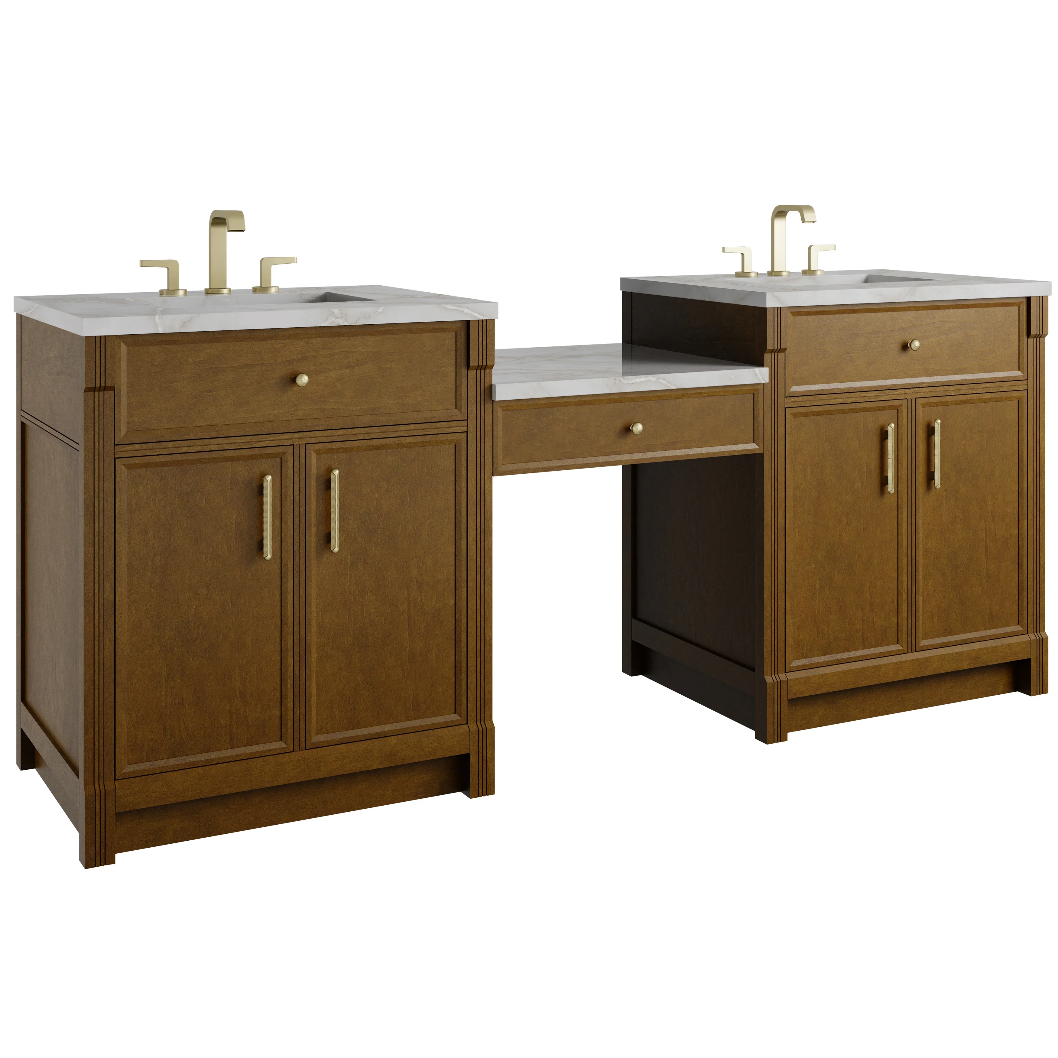 Bellshire 84" Dual Vanity Set with 24" Make-Up Counter, Honey Oak w/3 cm Victorian Silver Silestone Top