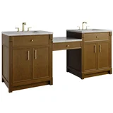 Bellshire 84" Dual Vanity Set with 24" Make-Up Counter, Honey Oak w/3 cm Victorian Silver Silestone Top