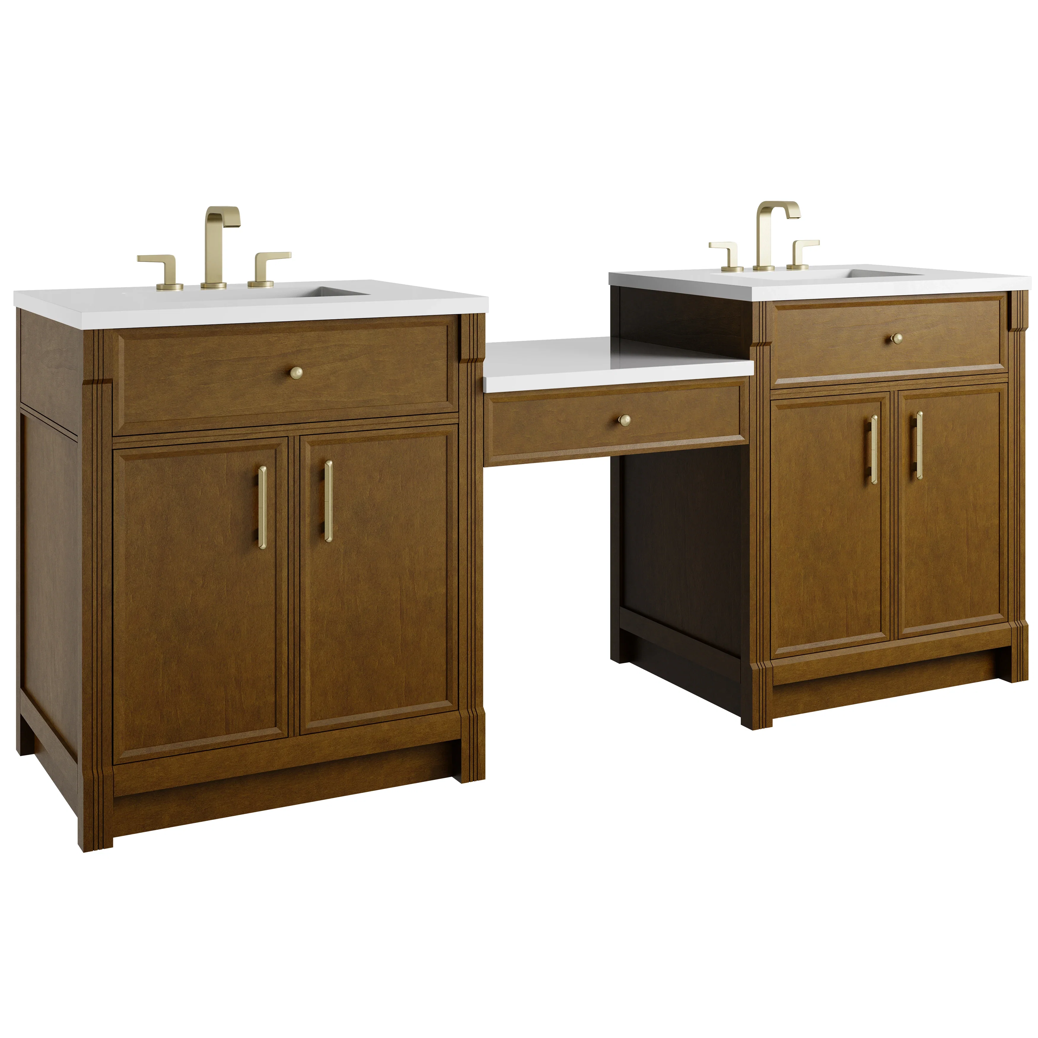 Bellshire 84" Dual Vanity Set with 24" Make-Up Counter, Honey Oak w/3 cm White Zeus Silestone Top