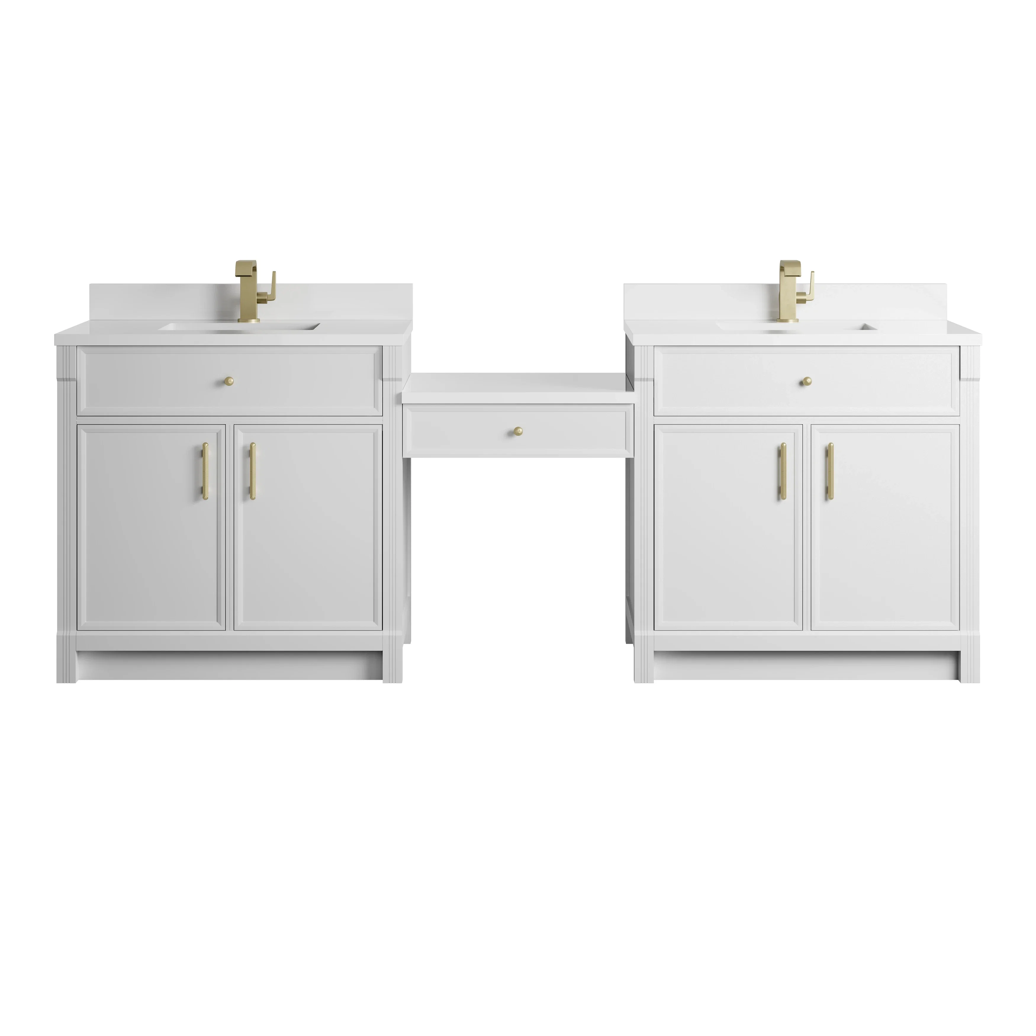 Bellshire 96" Dual Vanity Set with 24" Make-Up Counter, Bright White w/Single Hole 3 cm White Zeus Silestone Top & Backsplash