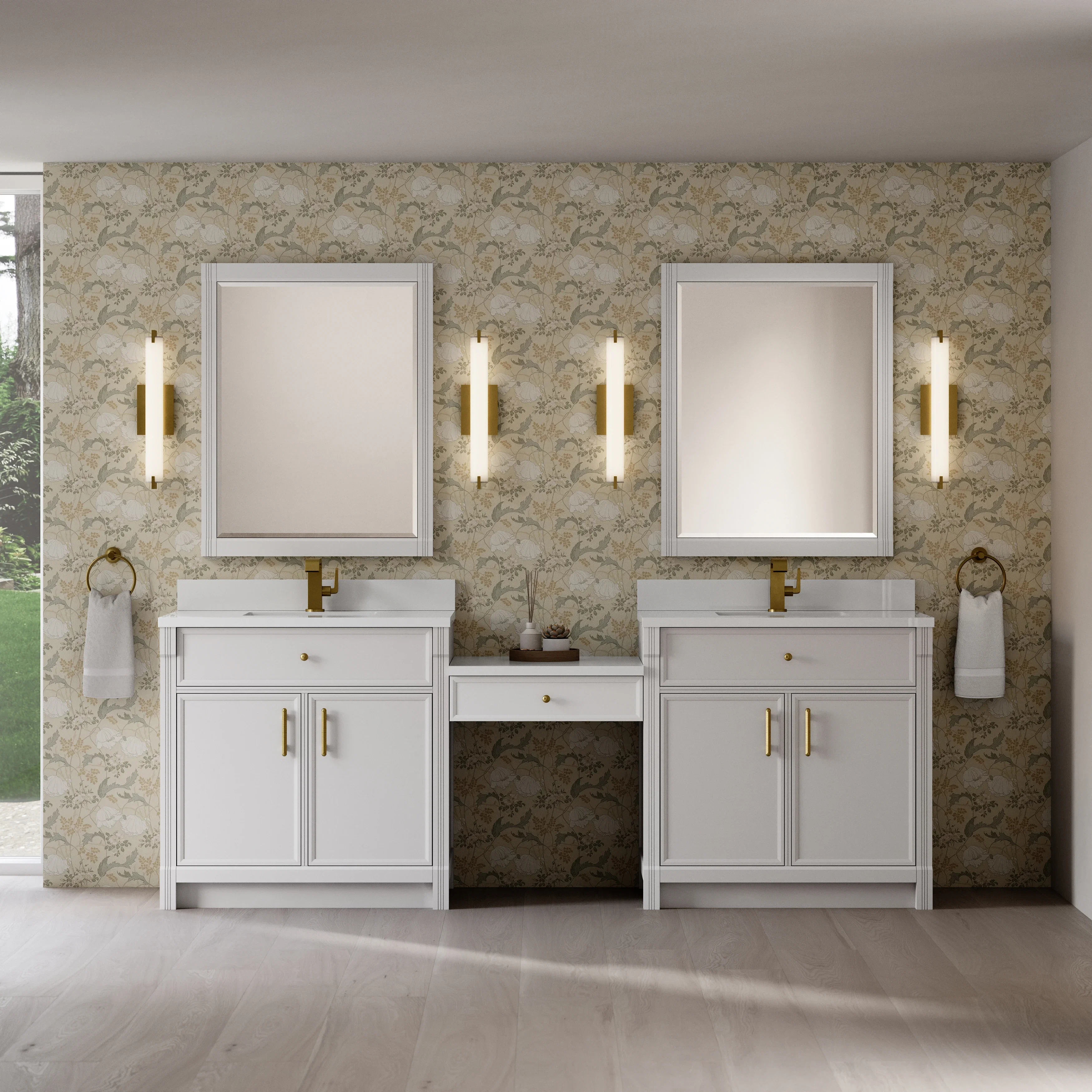 Bellshire 96" Dual Vanity Set with 24" Make-Up Counter, Bright White w/Single Hole 3 cm White Zeus Silestone Top & Backsplash