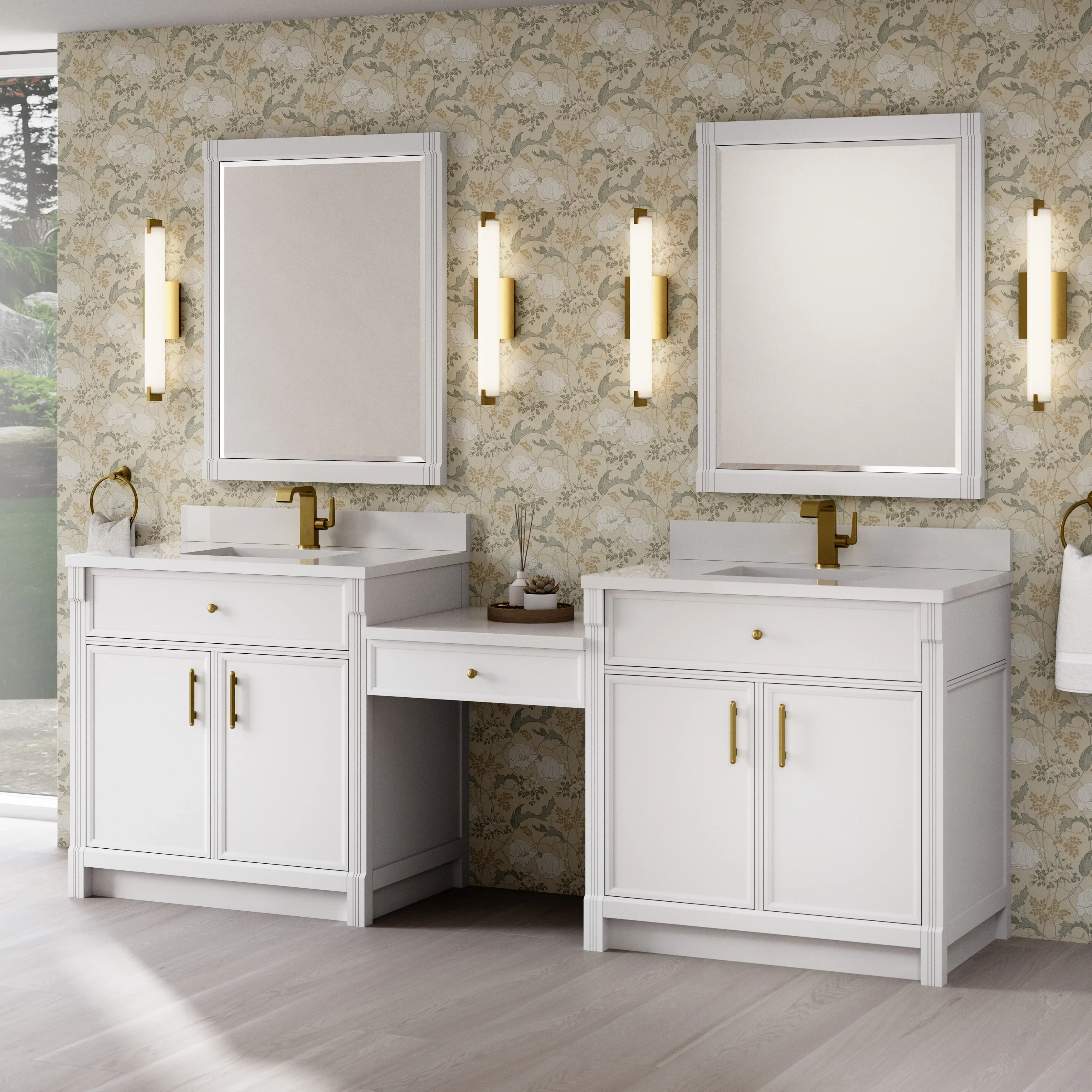 Bellshire 96" Dual Vanity Set with 24" Make-Up Counter, Bright White w/Single Hole 3 cm White Zeus Silestone Top & Backsplash