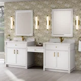 Bellshire 96" Dual Vanity Set with 24" Make-Up Counter, Bright White w/Single Hole 3 cm White Zeus Silestone Top & Backsplash