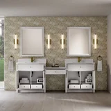 Bellshire 96" Dual Vanity Set with 24" Make-Up Counter, Bright White w/Single Hole 3 cm White Zeus Silestone Top & Backsplash