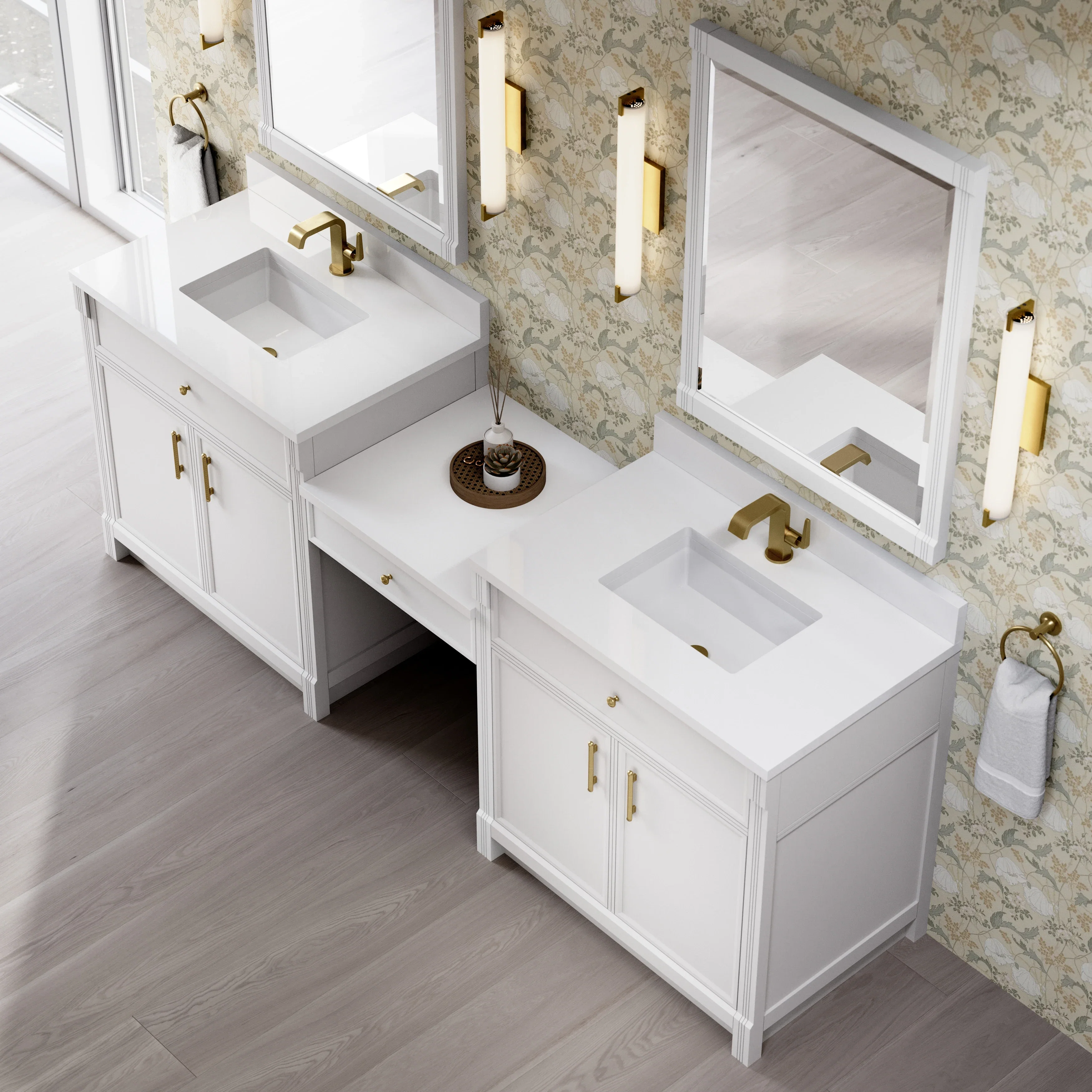 Bellshire 96" Dual Vanity Set with 24" Make-Up Counter, Bright White w/Single Hole 3 cm White Zeus Silestone Top & Backsplash
