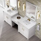 Bellshire 96" Dual Vanity Set with 24" Make-Up Counter, Bright White w/Single Hole 3 cm White Zeus Silestone Top & Backsplash