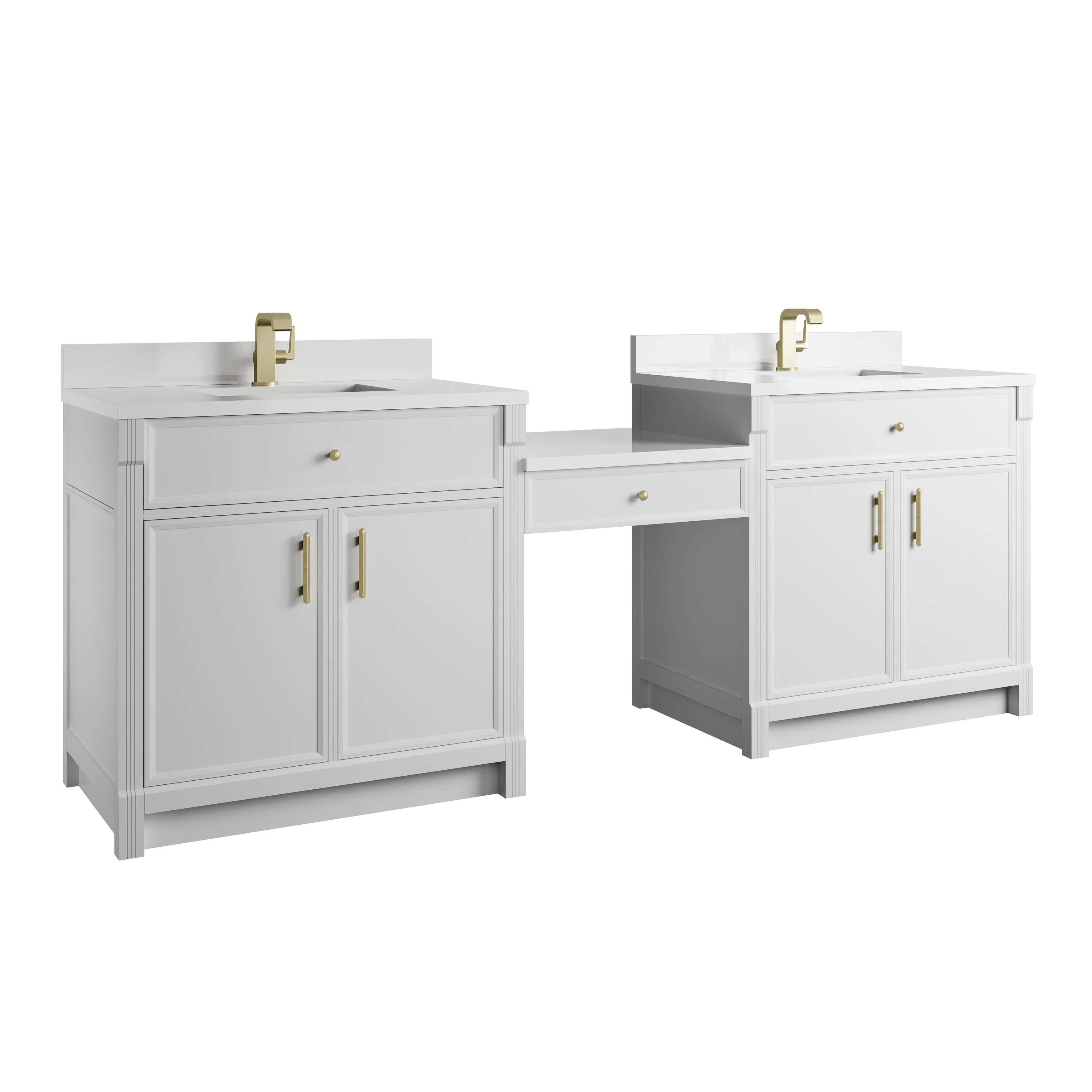 Bellshire 96" Dual Vanity Set with 24" Make-Up Counter, Bright White w/Single Hole 3 cm White Zeus Silestone Top & Backsplash