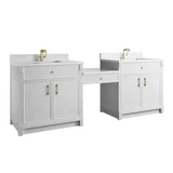 Bellshire 96" Dual Vanity Set with 24" Make-Up Counter, Bright White w/Single Hole 3 cm White Zeus Silestone Top & Backsplash