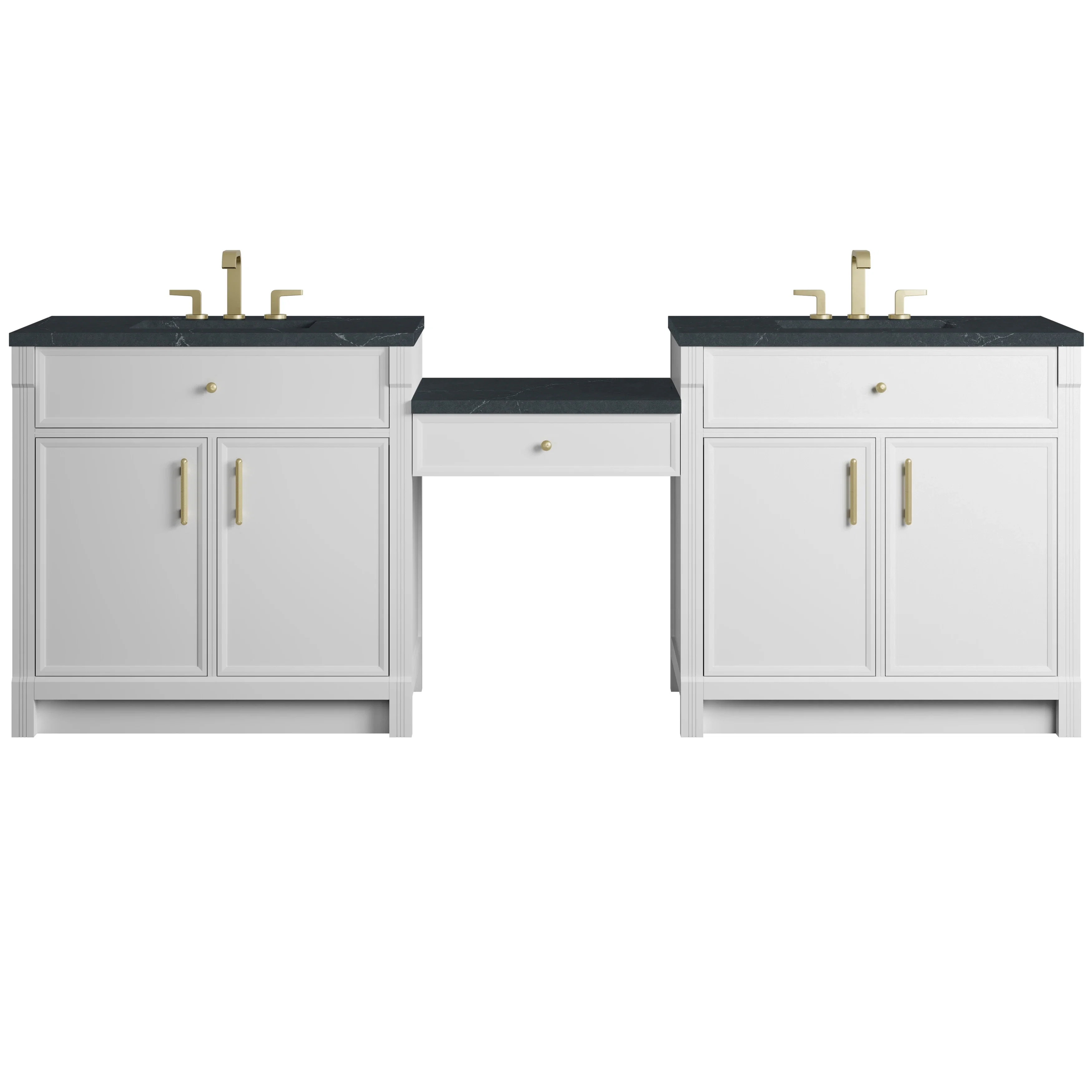 Bellshire 96" Dual Vanity Set with 24" Make-Up Counter, Bright White w/3 cm Charcoal Soapstone Silestone Top