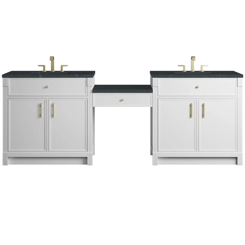 Bellshire 96" Dual Vanity Set with 24" Make-Up Counter, Bright White w/3 cm Charcoal Soapstone Silestone Top