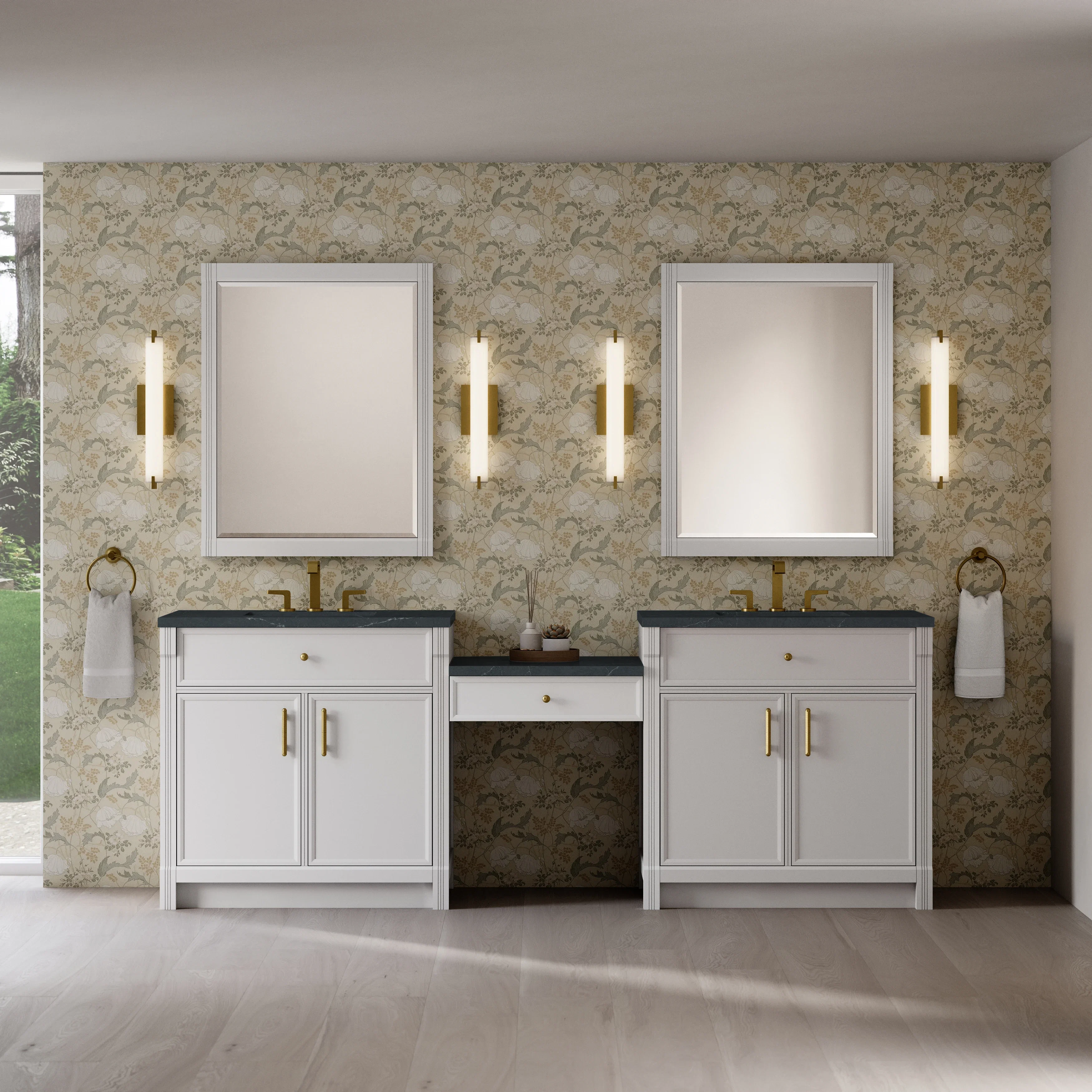 Bellshire 96" Dual Vanity Set with 24" Make-Up Counter, Bright White w/3 cm Charcoal Soapstone Silestone Top