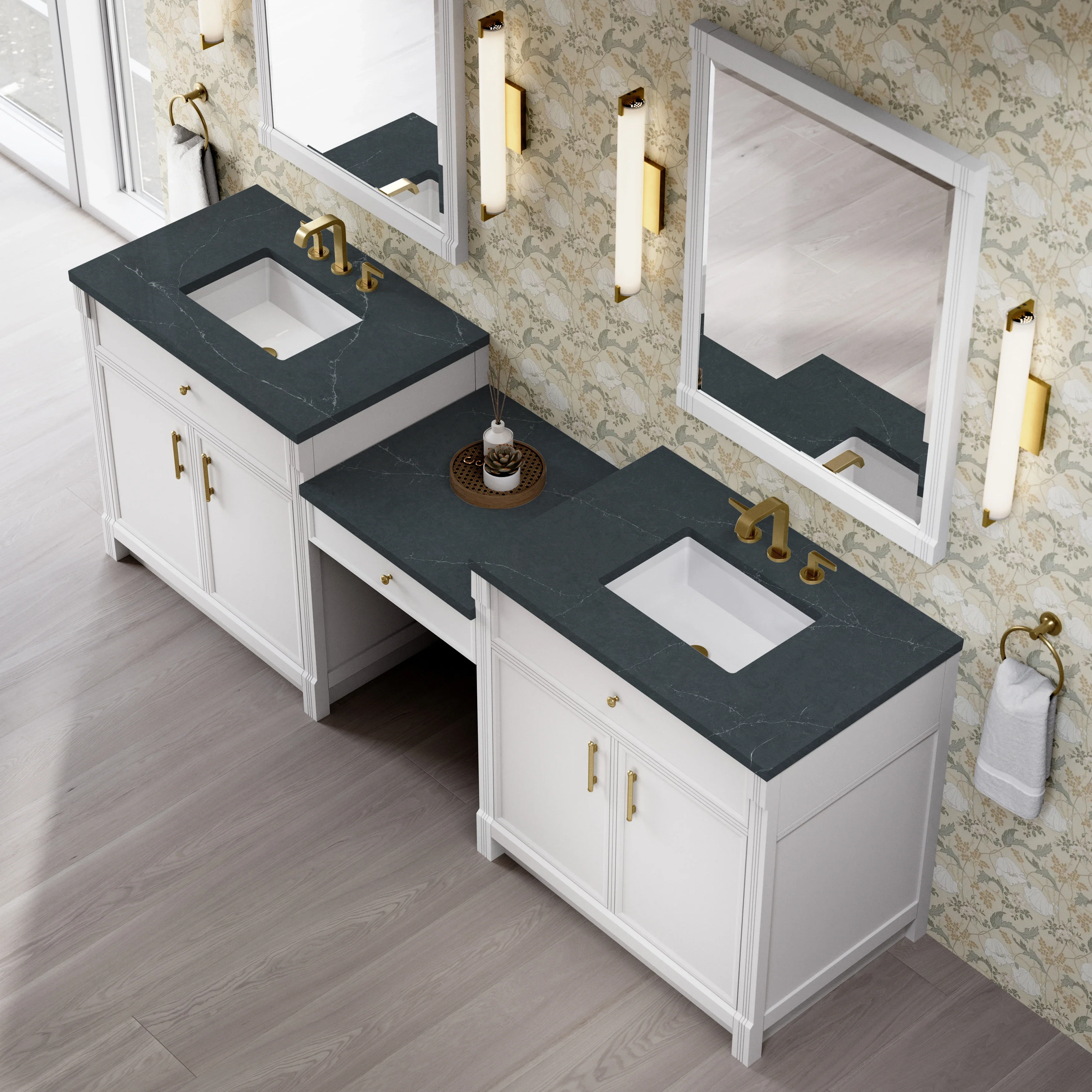 Bellshire 96" Dual Vanity Set with 24" Make-Up Counter, Bright White w/3 cm Charcoal Soapstone Silestone Top