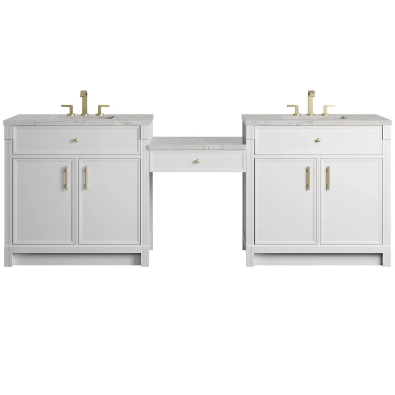 Bellshire 96" Dual Vanity Set with 24" Make-Up Counter, Bright White w/3 cm Eternal Jasmine Pearl Silestone Top