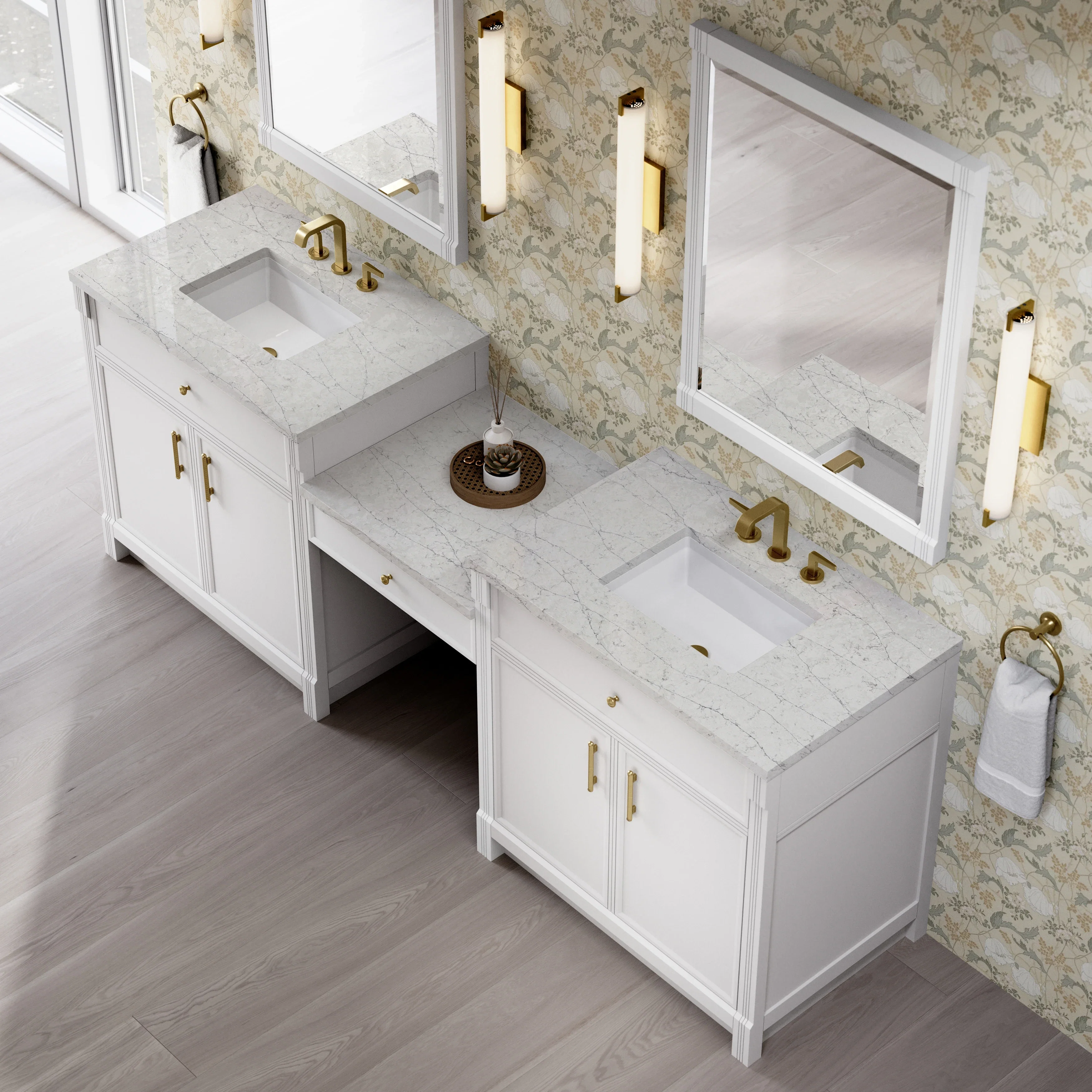 Bellshire 96" Dual Vanity Set with 24" Make-Up Counter, Bright White w/3 cm Eternal Jasmine Pearl Silestone Top