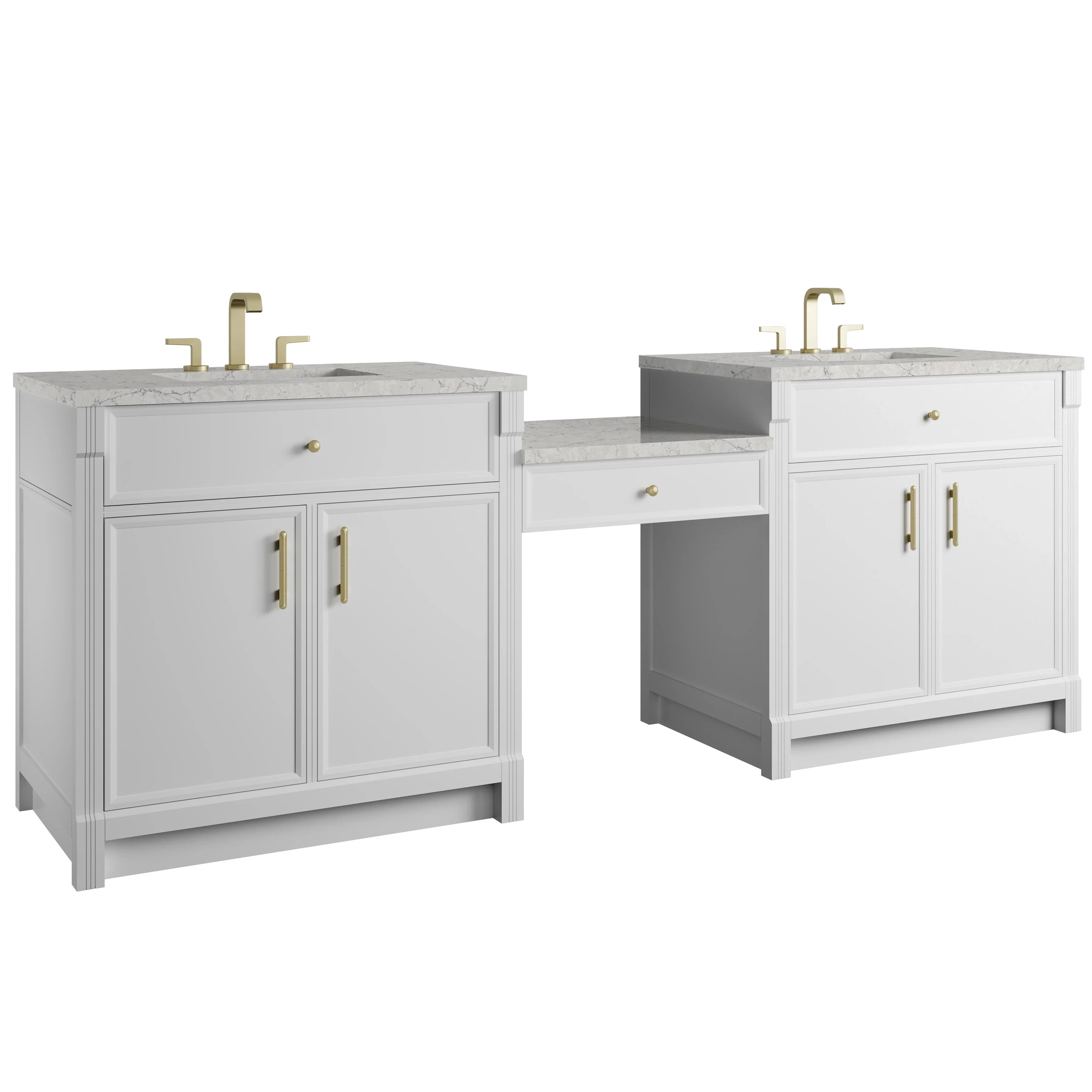 Bellshire 96" Dual Vanity Set with 24" Make-Up Counter, Bright White w/3 cm Eternal Jasmine Pearl Silestone Top