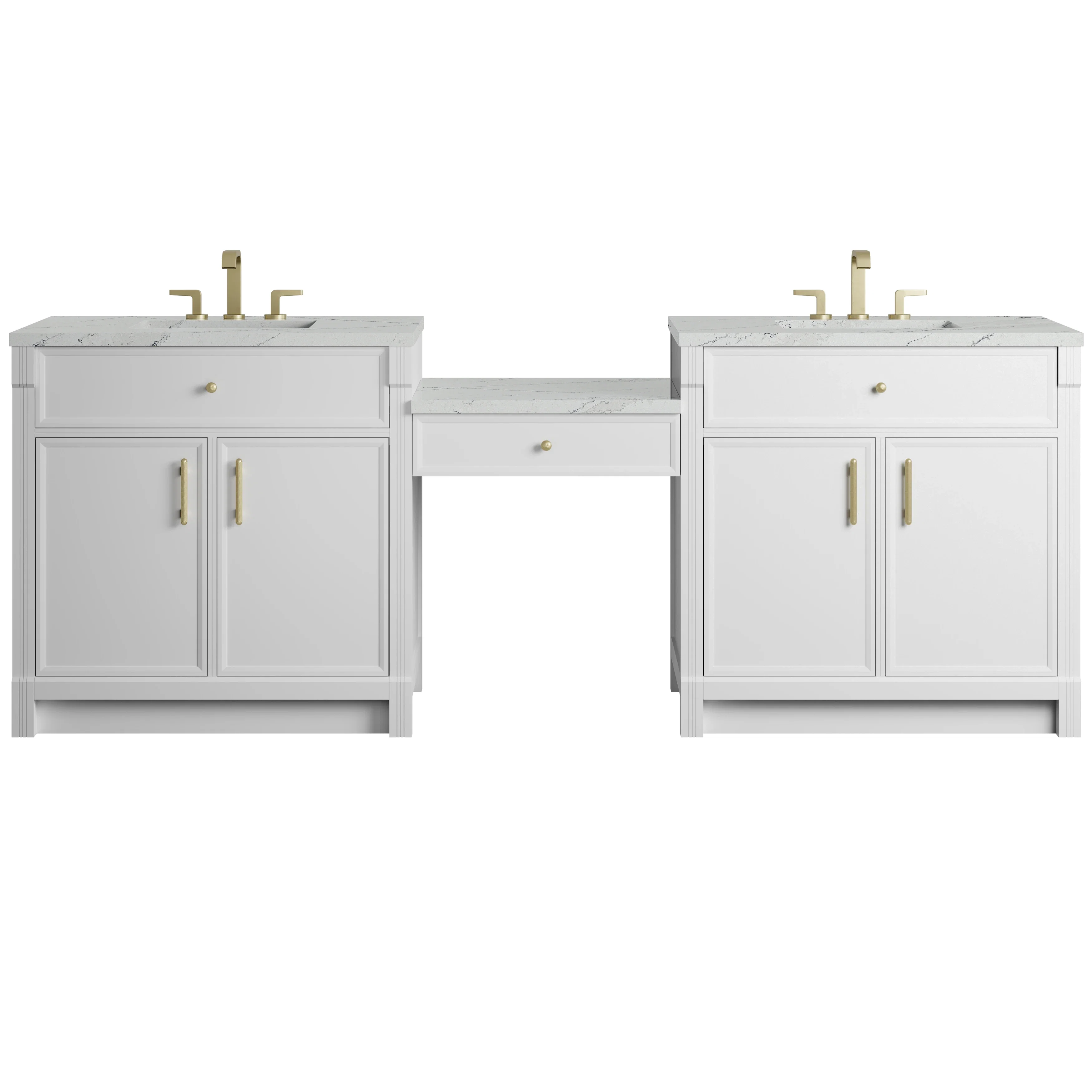 Bellshire 96" Dual Vanity Set with 24" Make-Up Counter, Bright White w/3 cm Ethereal Noctis Silestone Top