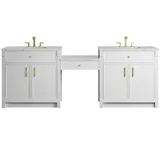 Bellshire 96" Dual Vanity Set with 24" Make-Up Counter, Bright White w/3 cm Ethereal Noctis Silestone Top
