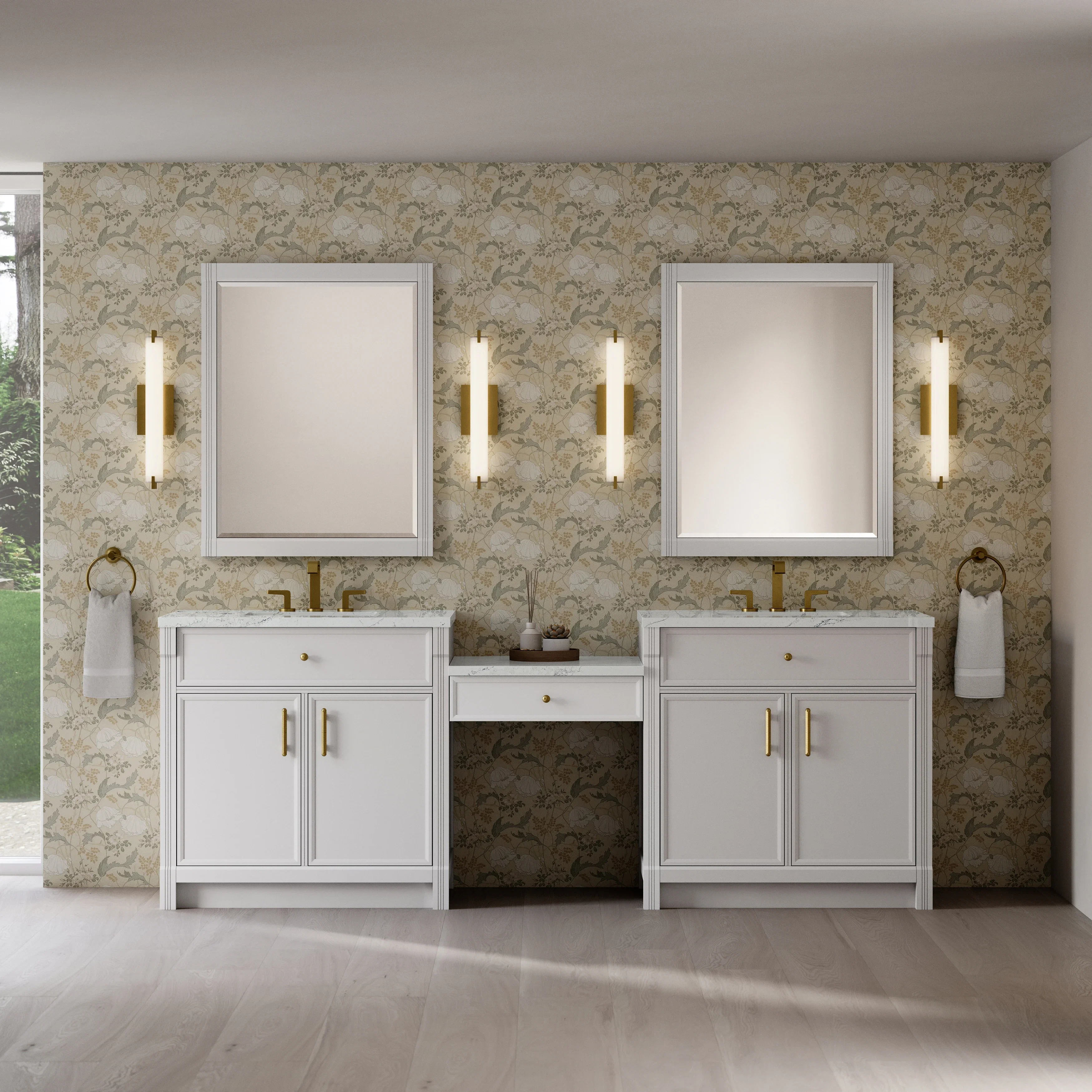 Bellshire 96" Dual Vanity Set with 24" Make-Up Counter, Bright White w/3 cm Ethereal Noctis Silestone Top