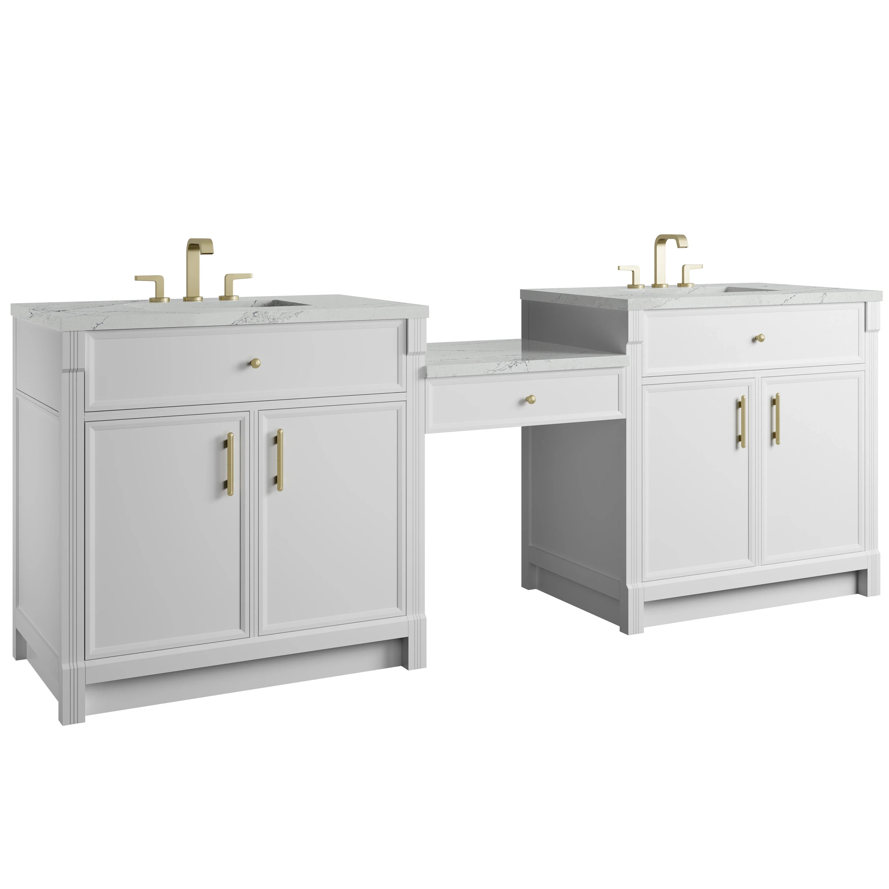 Bellshire 96" Dual Vanity Set with 24" Make-Up Counter, Bright White w/3 cm Ethereal Noctis Silestone Top