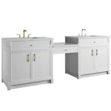 Bellshire 96" Dual Vanity Set with 24" Make-Up Counter, Bright White w/3 cm Ethereal Noctis Silestone Top