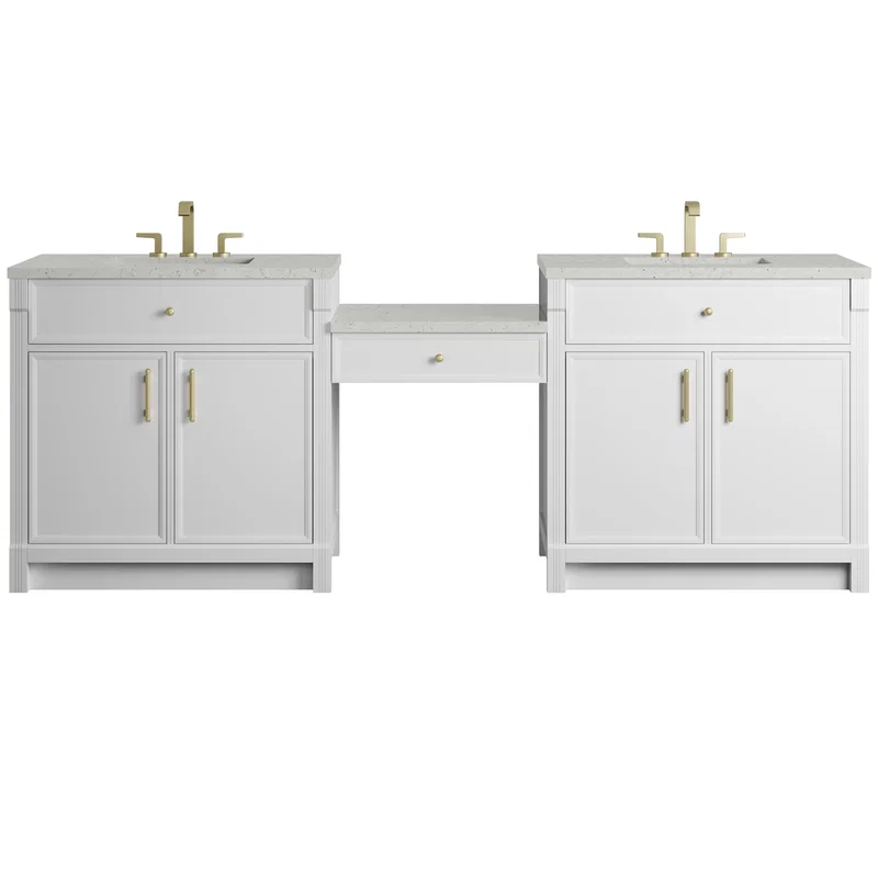 Bellshire 96" Dual Vanity Set with 24" Make-Up Counter, Bright White w/3 cm Lime Delight Silestone Top