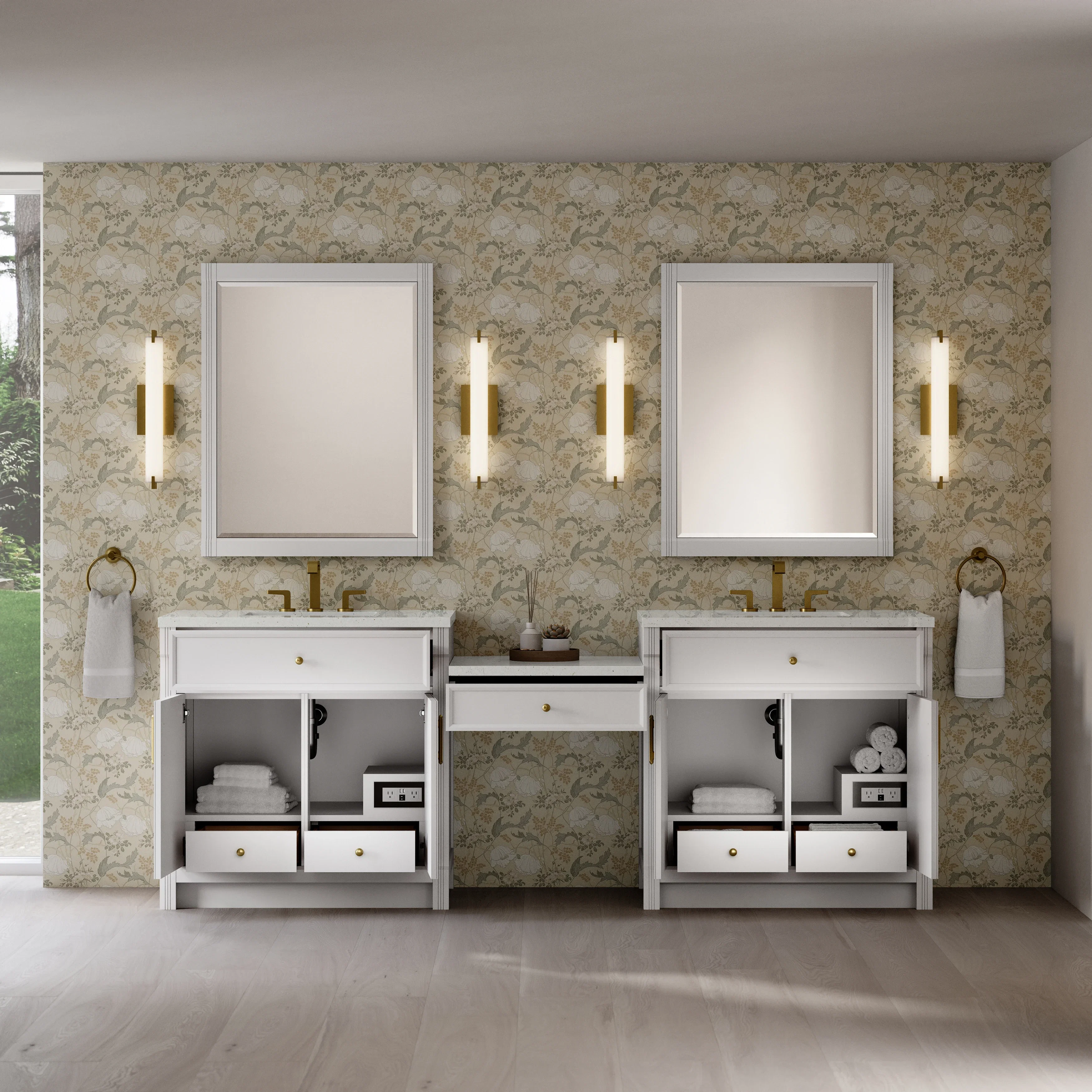Bellshire 96" Dual Vanity Set with 24" Make-Up Counter, Bright White w/3 cm Lime Delight Silestone Top