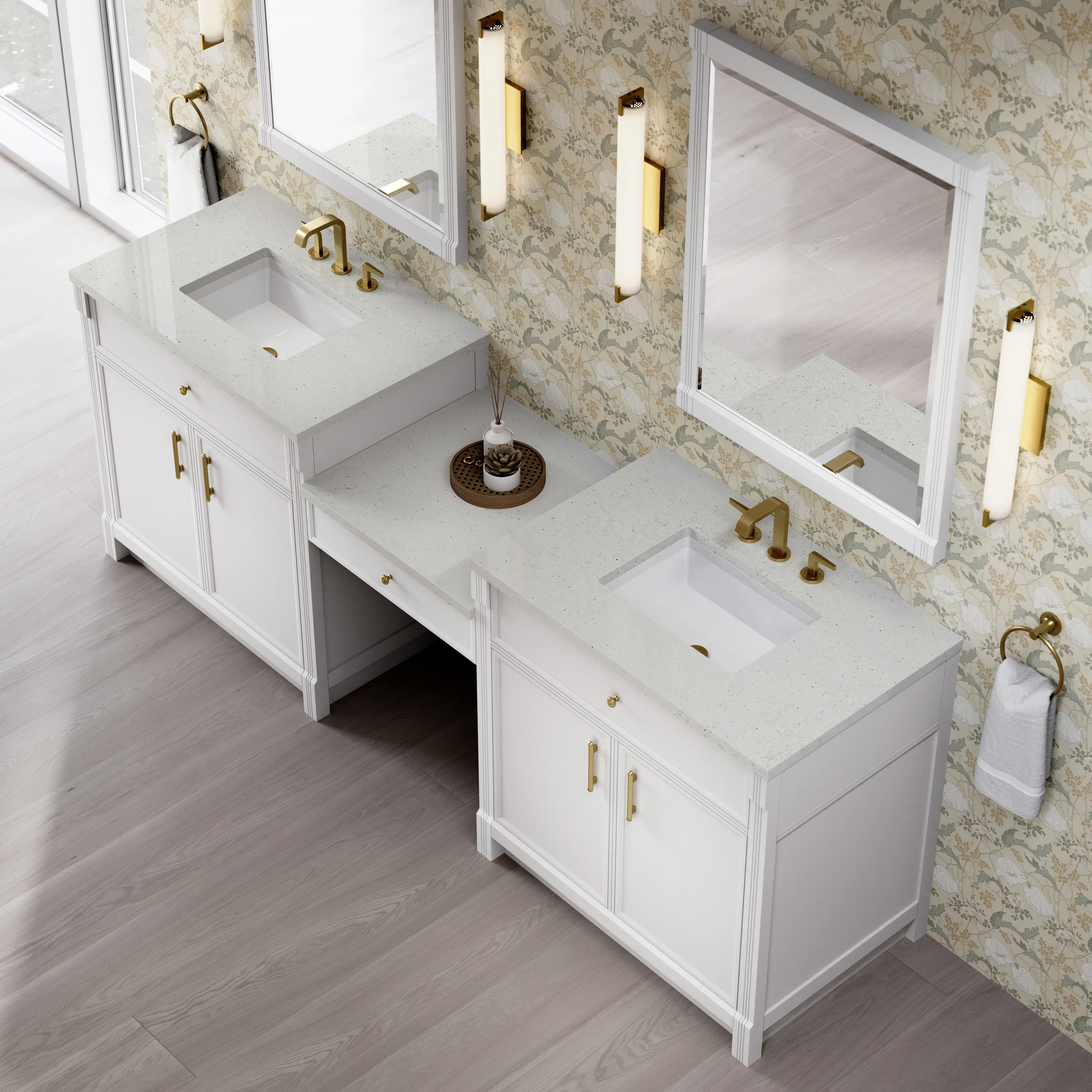 Bellshire 96" Dual Vanity Set with 24" Make-Up Counter, Bright White w/3 cm Lime Delight Silestone Top