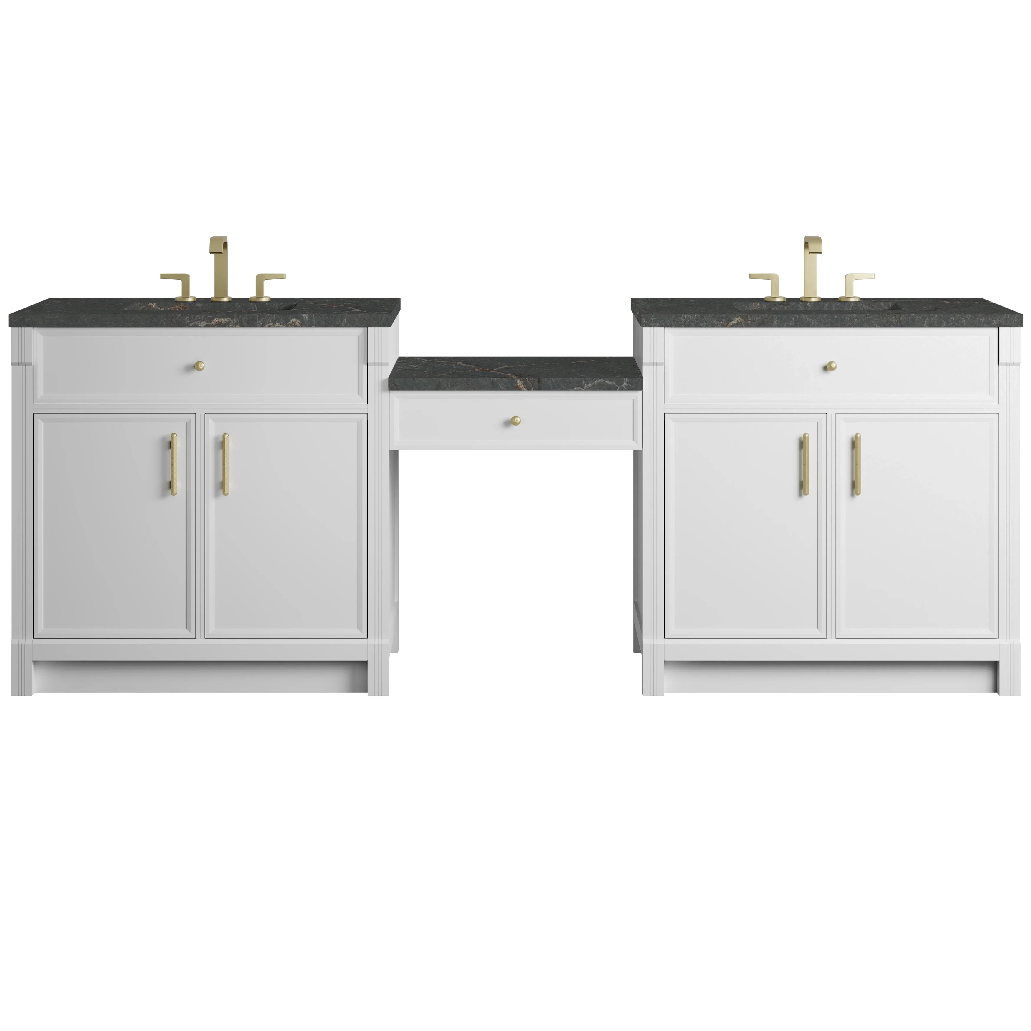 Bellshire 96" Dual Vanity Set with 24" Make-Up Counter, Bright White w/3 cm Parisien Bleu Silestone Top