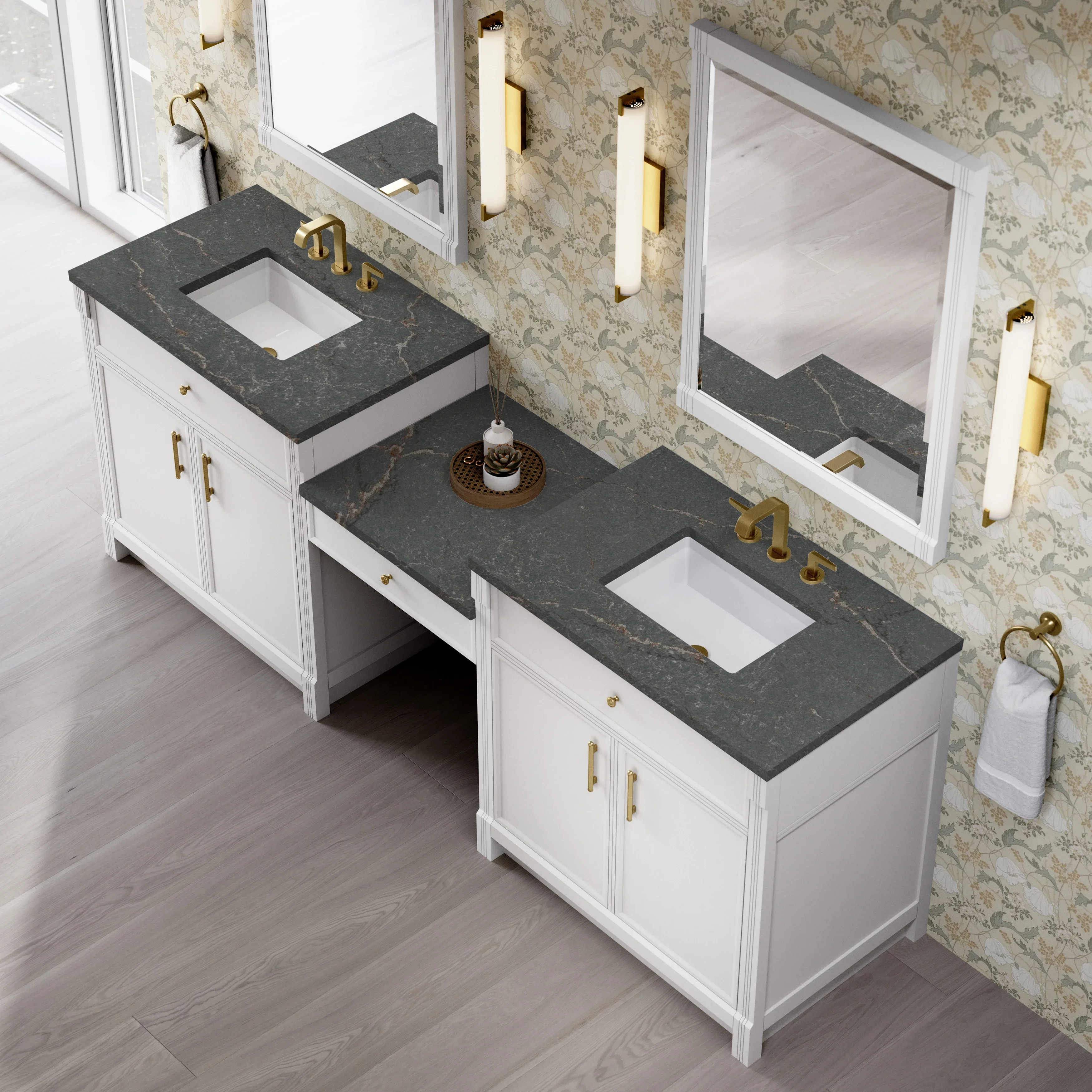 Bellshire 96" Dual Vanity Set with 24" Make-Up Counter, Bright White w/3 cm Parisien Bleu Silestone Top