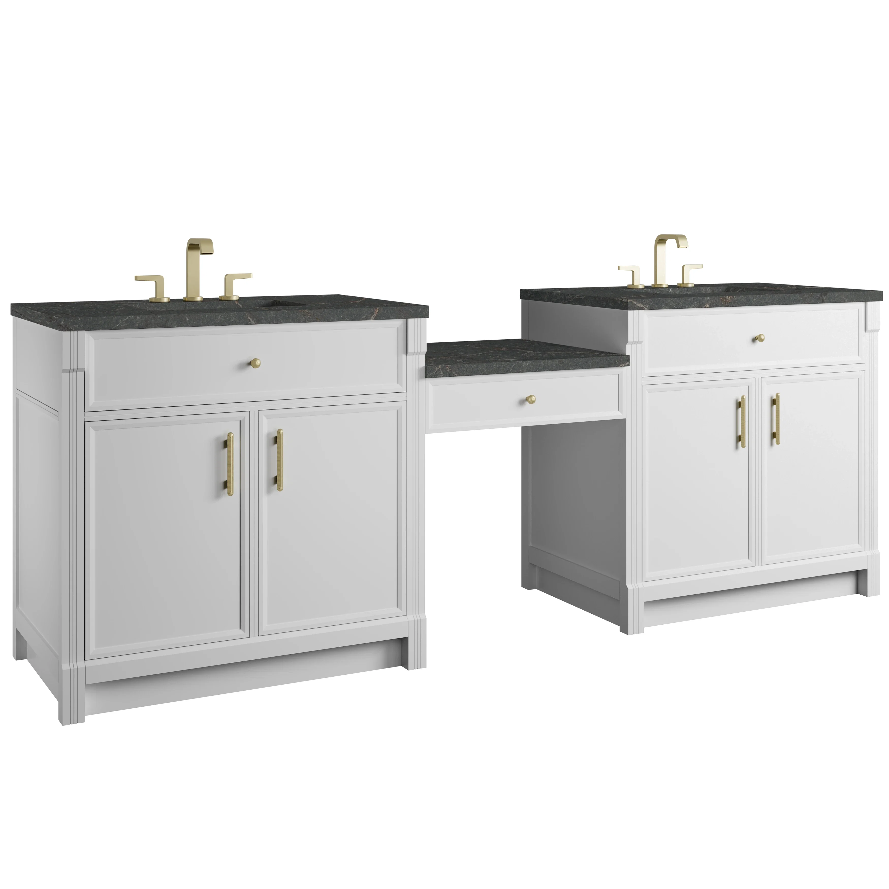 Bellshire 96" Dual Vanity Set with 24" Make-Up Counter, Bright White w/3 cm Parisien Bleu Silestone Top