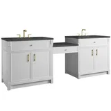 Bellshire 96" Dual Vanity Set with 24" Make-Up Counter, Bright White w/3 cm Parisien Bleu Silestone Top