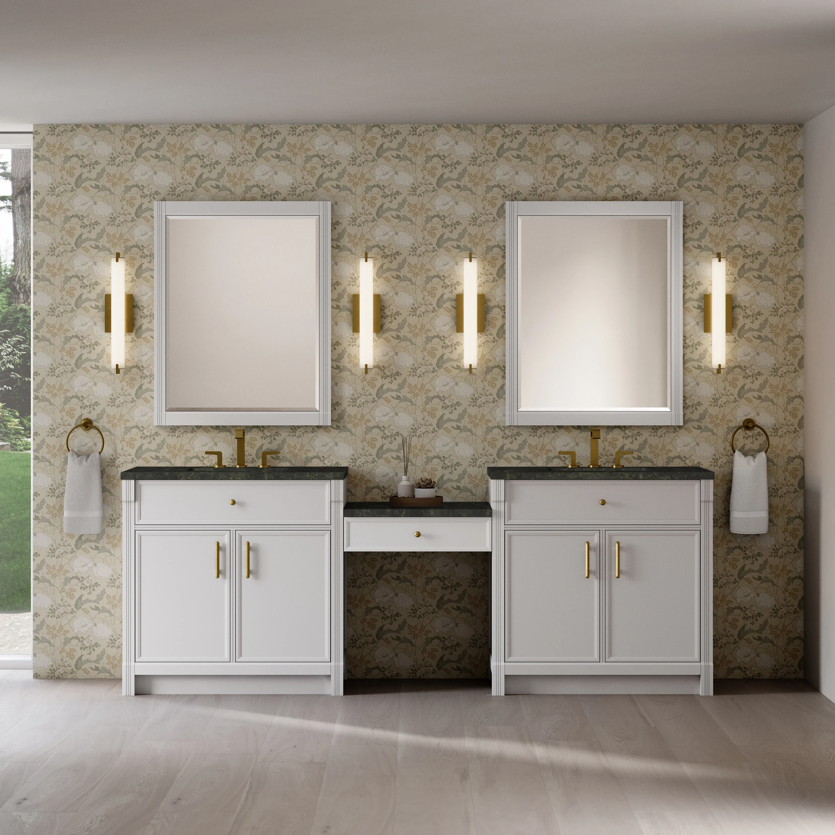 Bellshire 96" Dual Vanity Set with 24" Make-Up Counter, Bright White w/3 cm Phantome Eclos Top