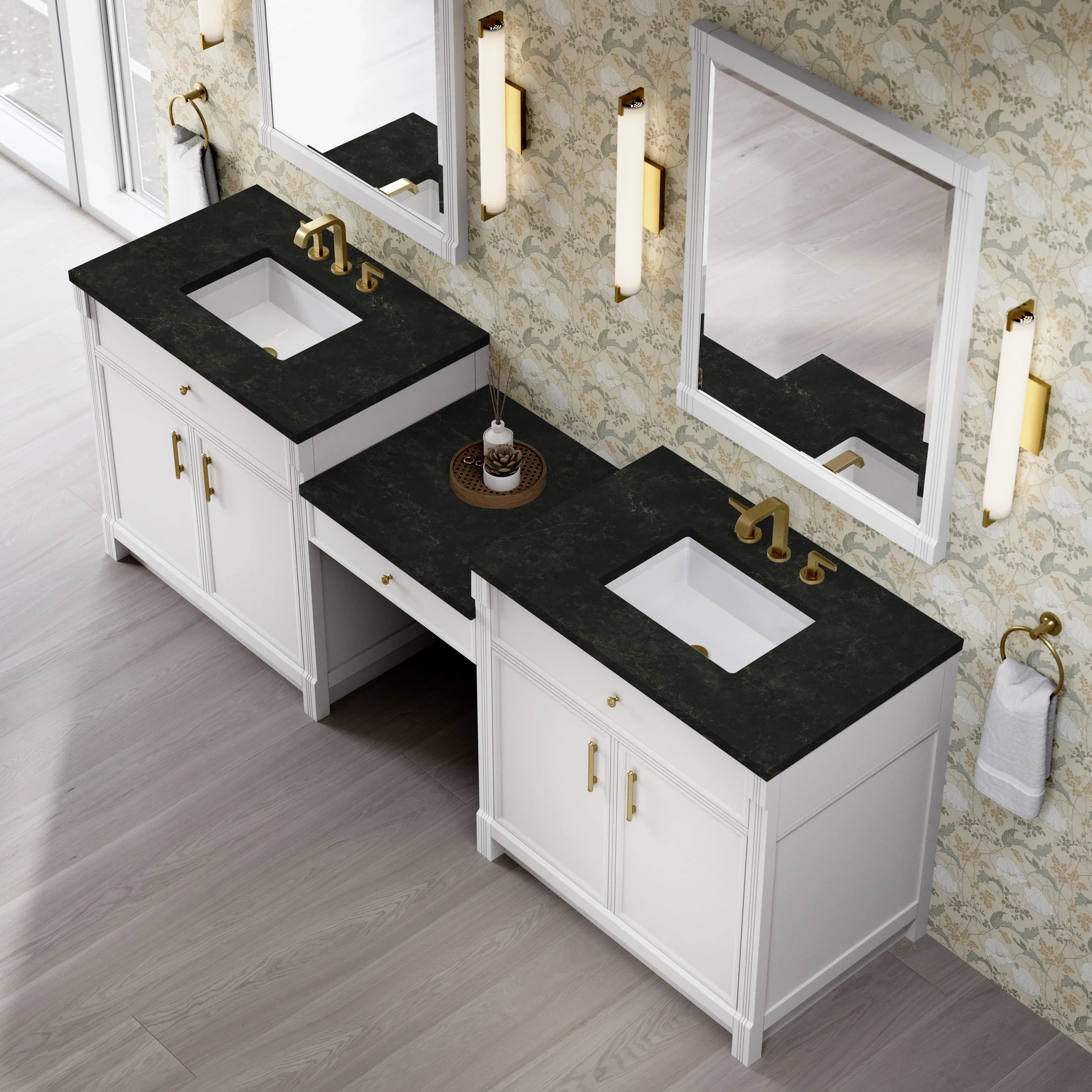 Bellshire 96" Dual Vanity Set with 24" Make-Up Counter, Bright White w/3 cm Phantome Eclos Top
