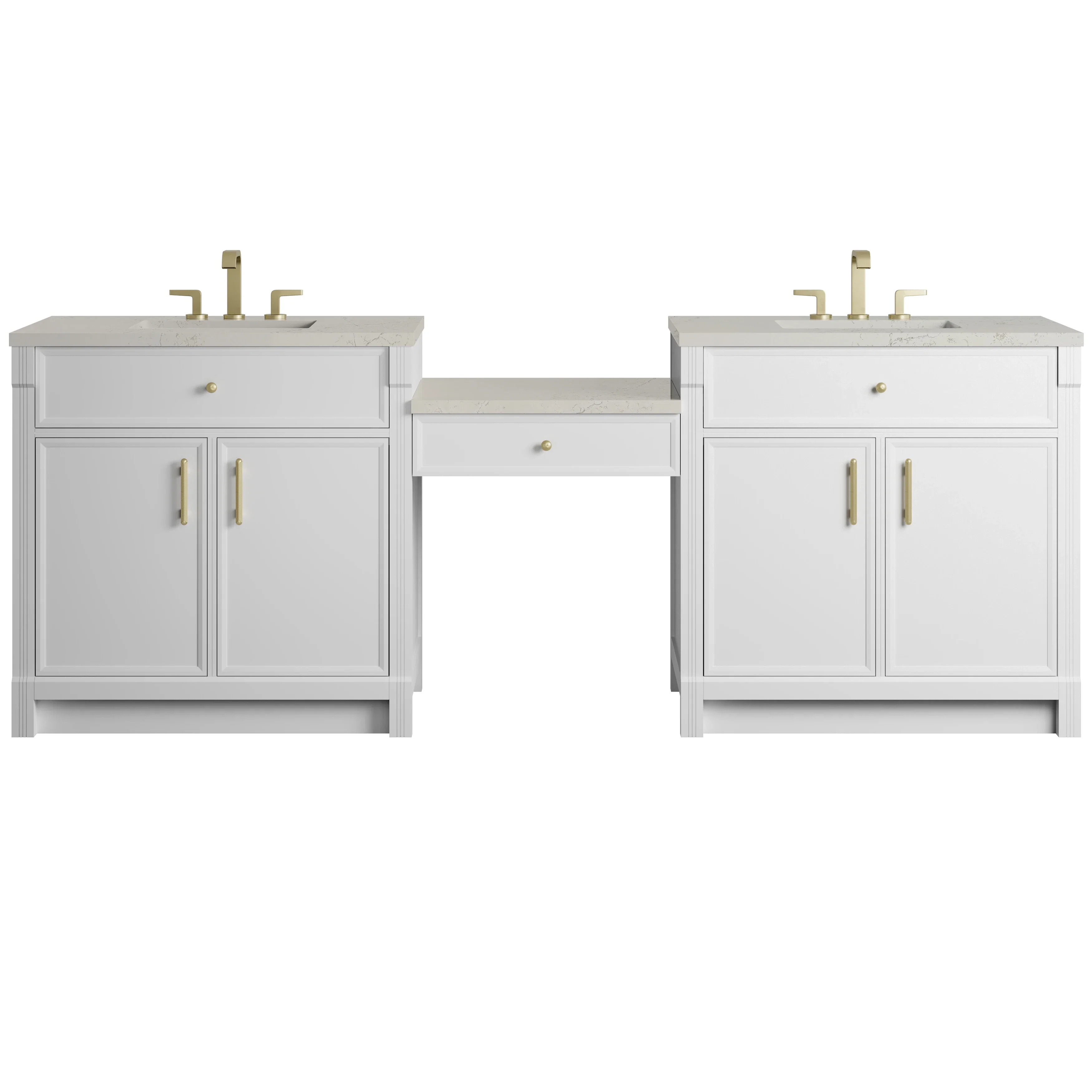 Bellshire 96" Dual Vanity Set with 24" Make-Up Counter, Bright White w/3 cm Siberian Silestone Top