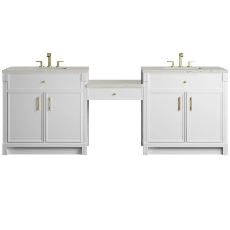 Bellshire 96" Dual Vanity Set with 24" Make-Up Counter, Bright White w/3 cm Siberian Silestone Top