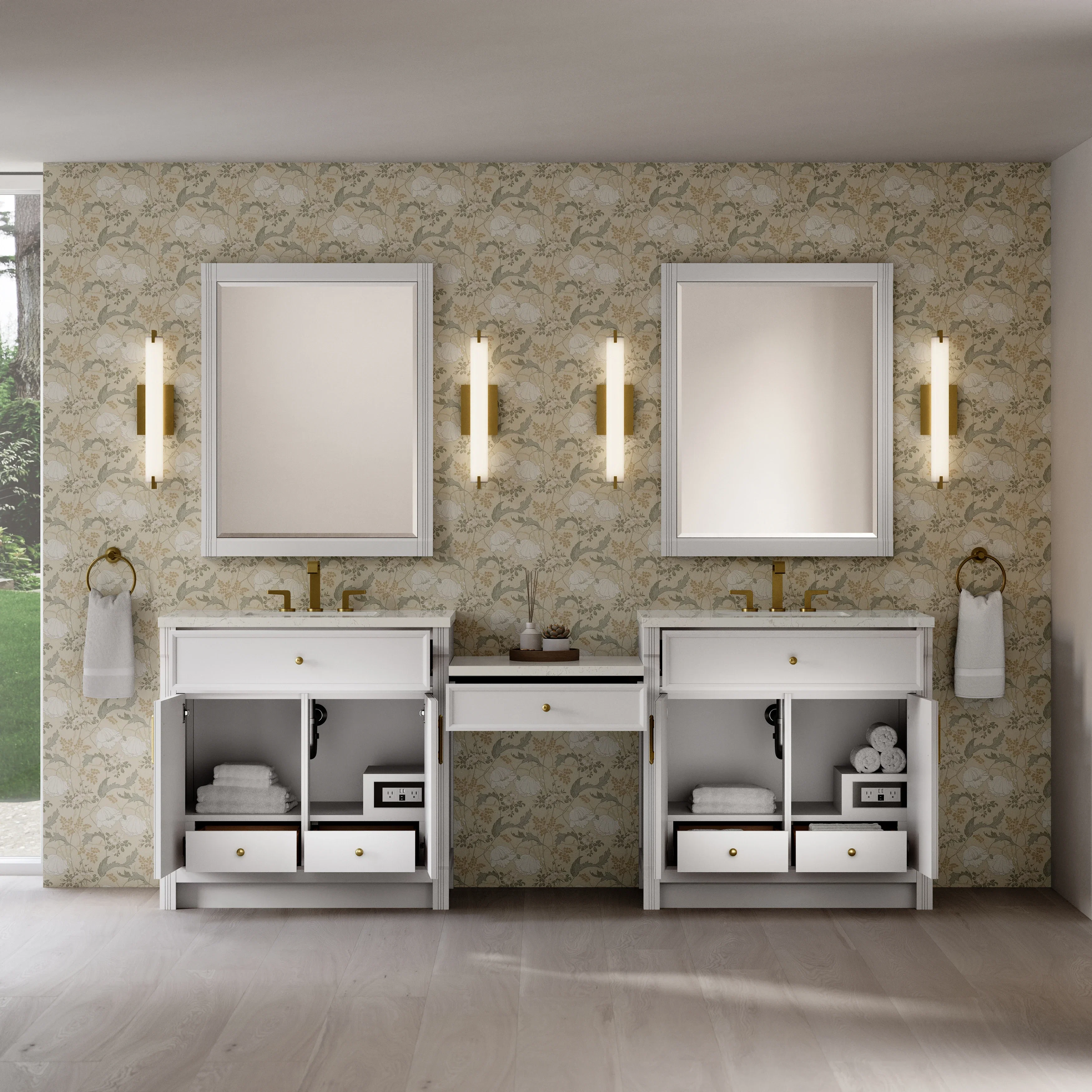 Bellshire 96" Dual Vanity Set with 24" Make-Up Counter, Bright White w/3 cm Siberian Silestone Top
