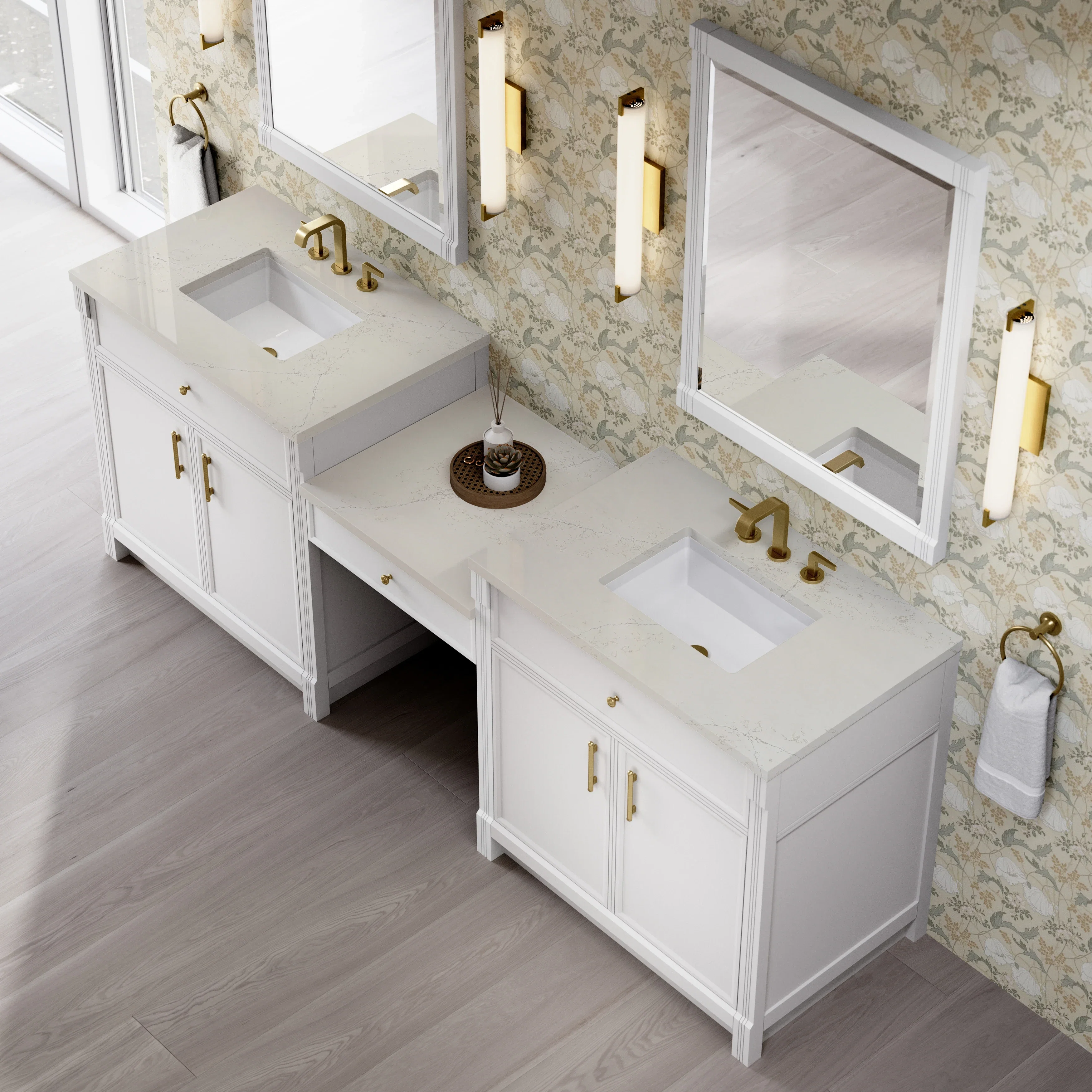 Bellshire 96" Dual Vanity Set with 24" Make-Up Counter, Bright White w/3 cm Siberian Silestone Top