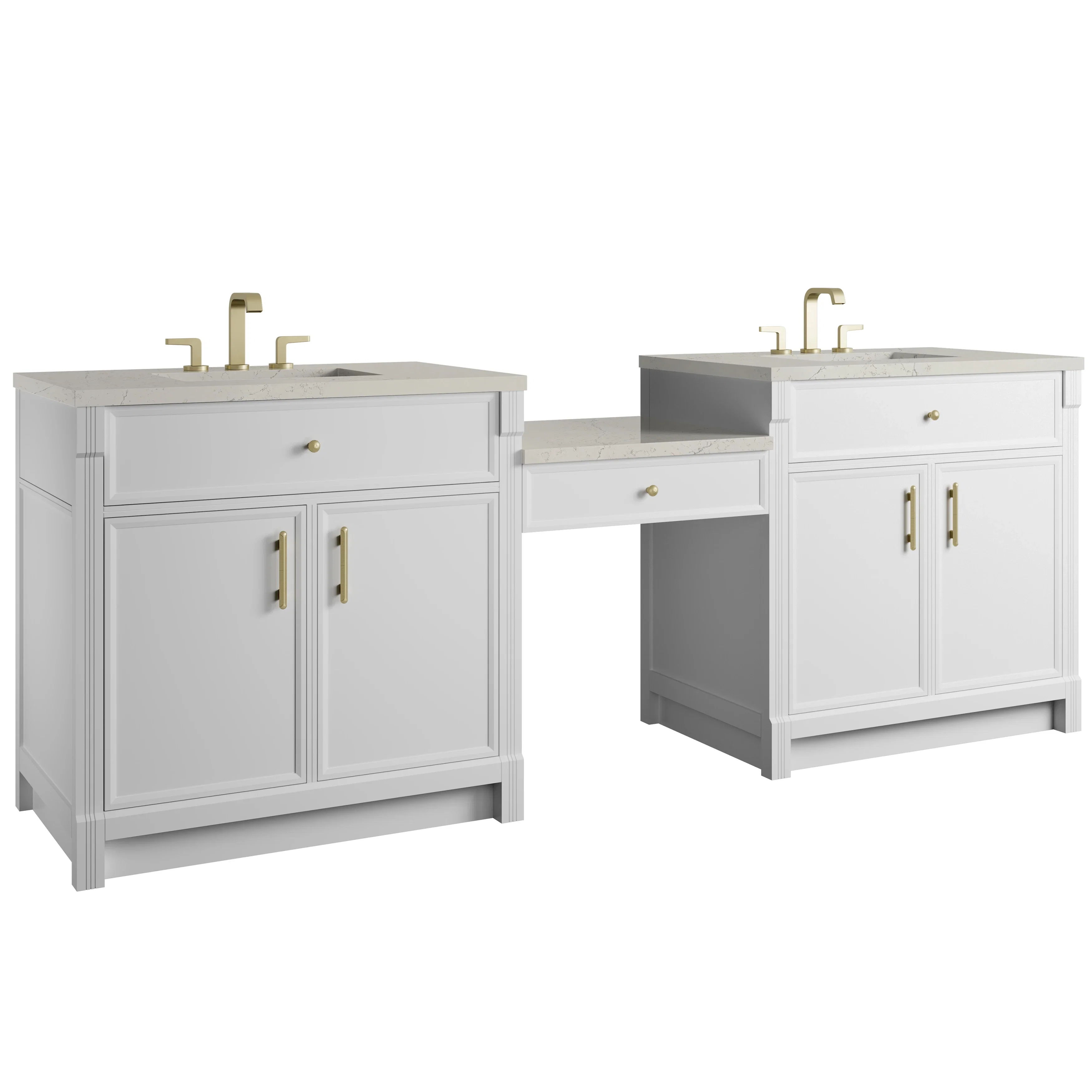Bellshire 96" Dual Vanity Set with 24" Make-Up Counter, Bright White w/3 cm Siberian Silestone Top