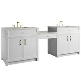 Bellshire 96" Dual Vanity Set with 24" Make-Up Counter, Bright White w/3 cm Siberian Silestone Top