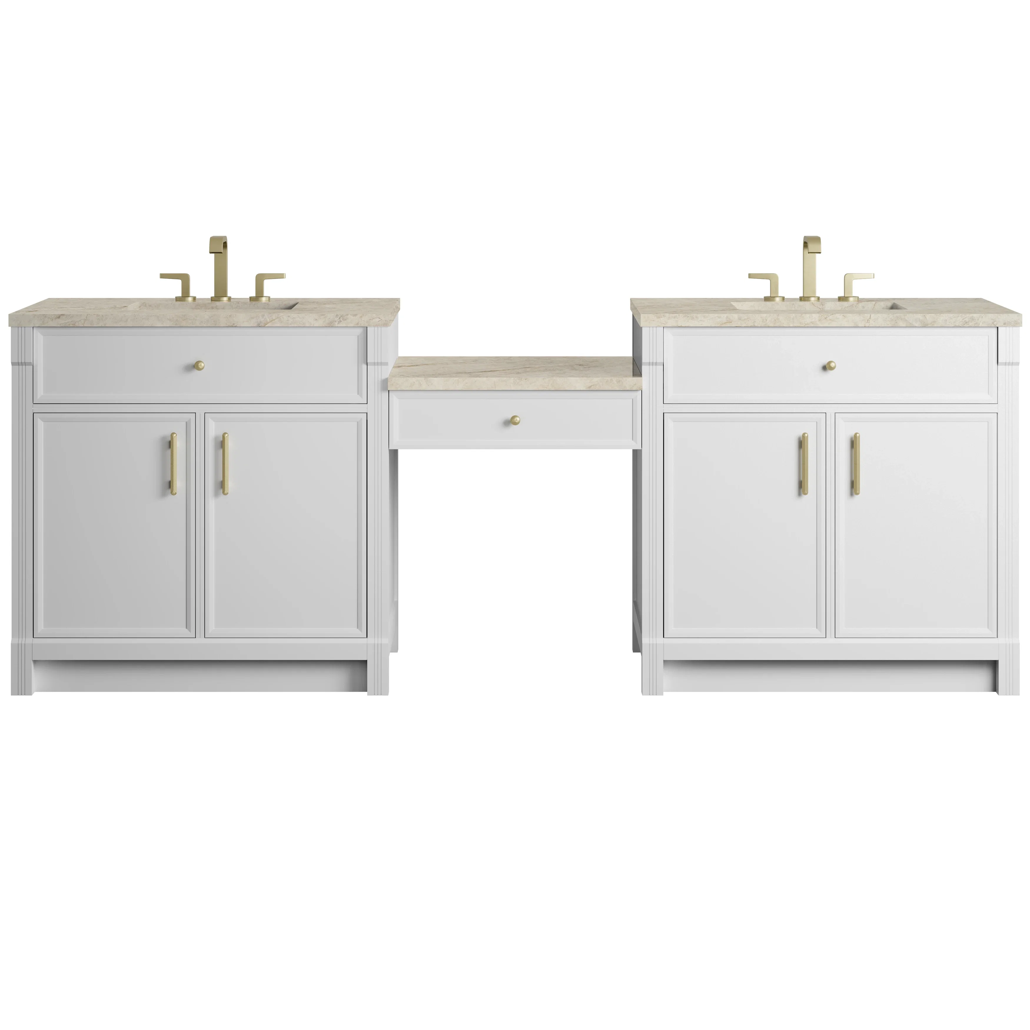 Bellshire 96" Dual Vanity Set with 24" Make-Up Counter, Bright White w/3 cm Tajnar Eclos Top
