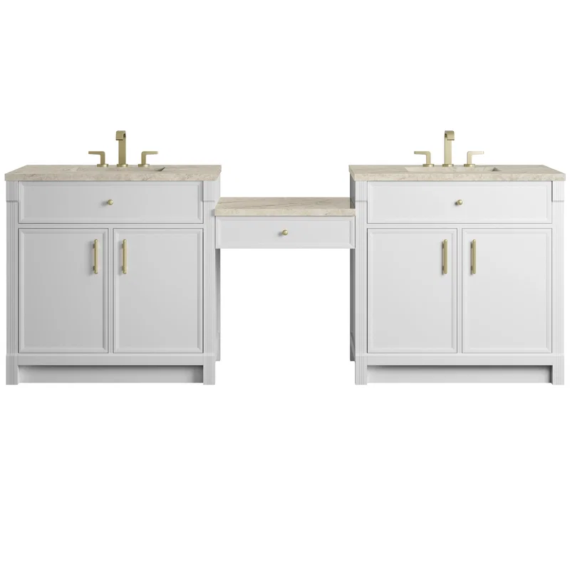 Bellshire 96" Dual Vanity Set with 24" Make-Up Counter, Bright White w/3 cm Tajnar Eclos Top