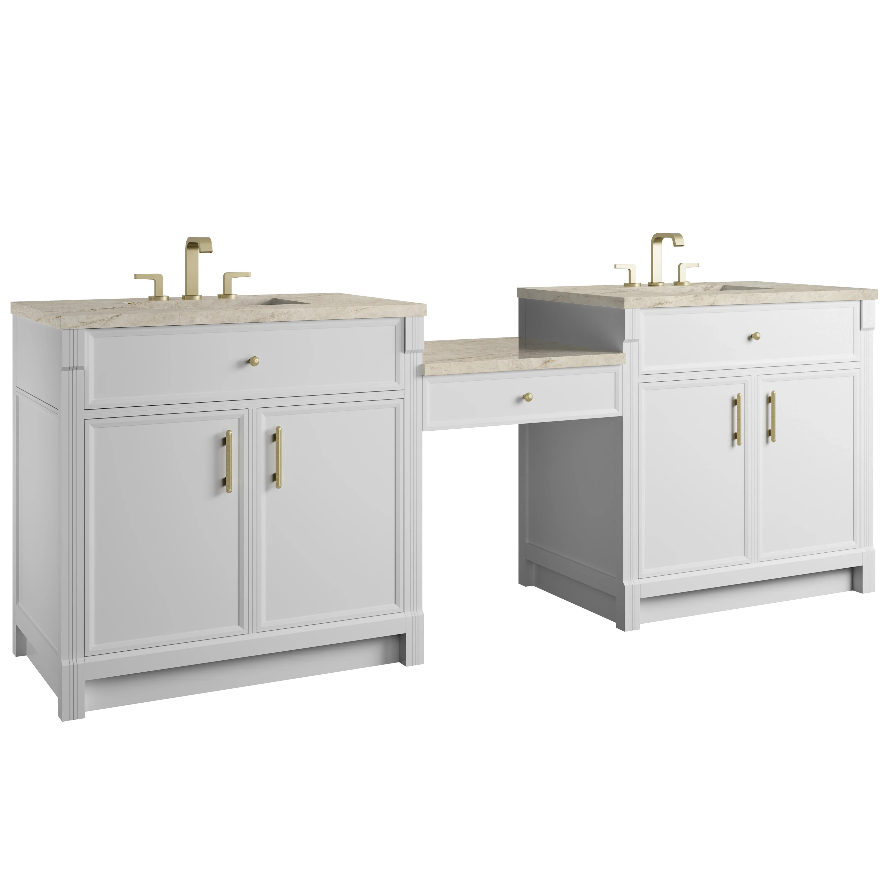 Bellshire 96" Dual Vanity Set with 24" Make-Up Counter, Bright White w/3 cm Tajnar Eclos Top