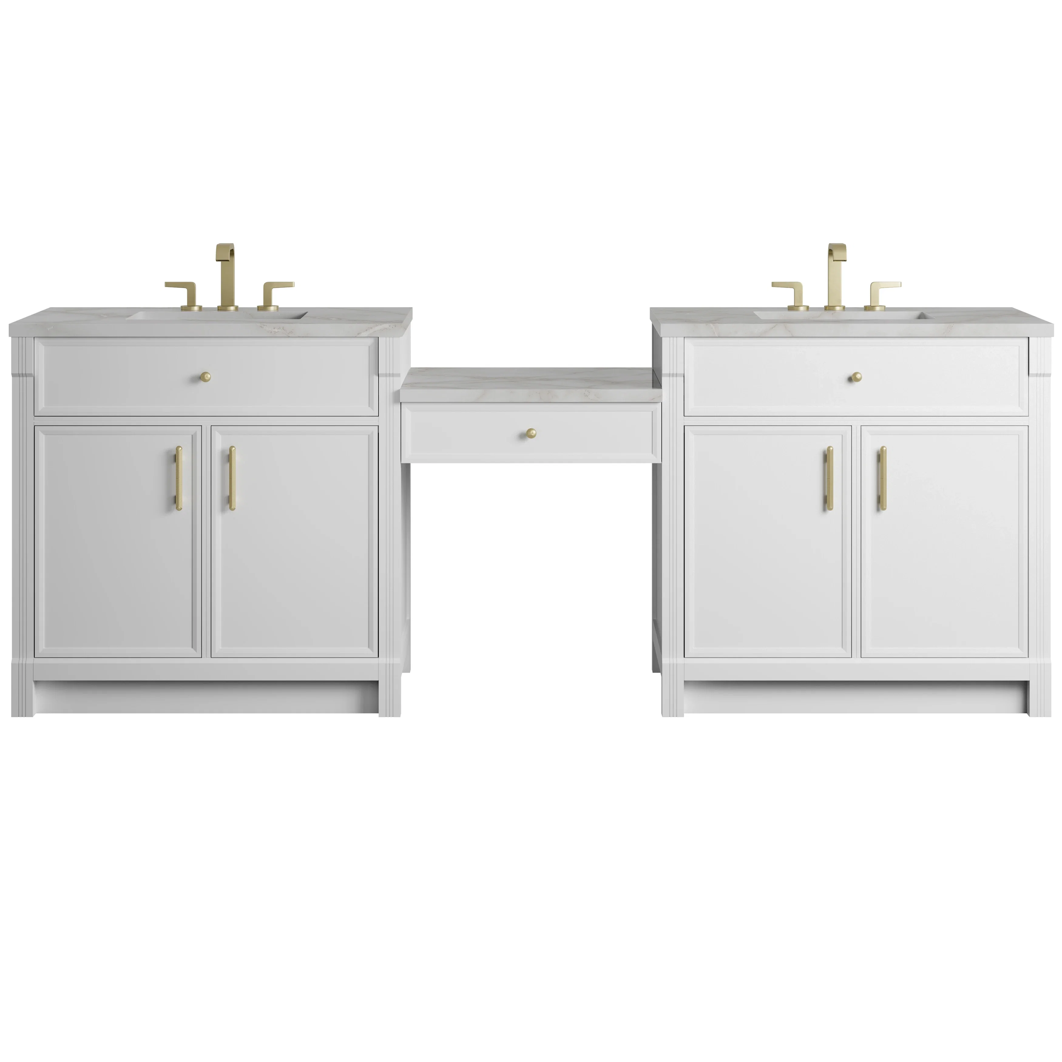 Bellshire 96" Dual Vanity Set with 24" Make-Up Counter, Bright White w/3 cm Victorian Silver Silestone Top