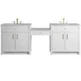 Bellshire 96" Dual Vanity Set with 24" Make-Up Counter, Bright White w/3 cm Victorian Silver Silestone Top
