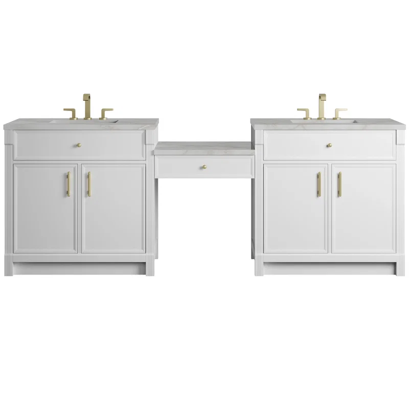 Bellshire 96" Dual Vanity Set with 24" Make-Up Counter, Bright White w/3 cm Victorian Silver Silestone Top