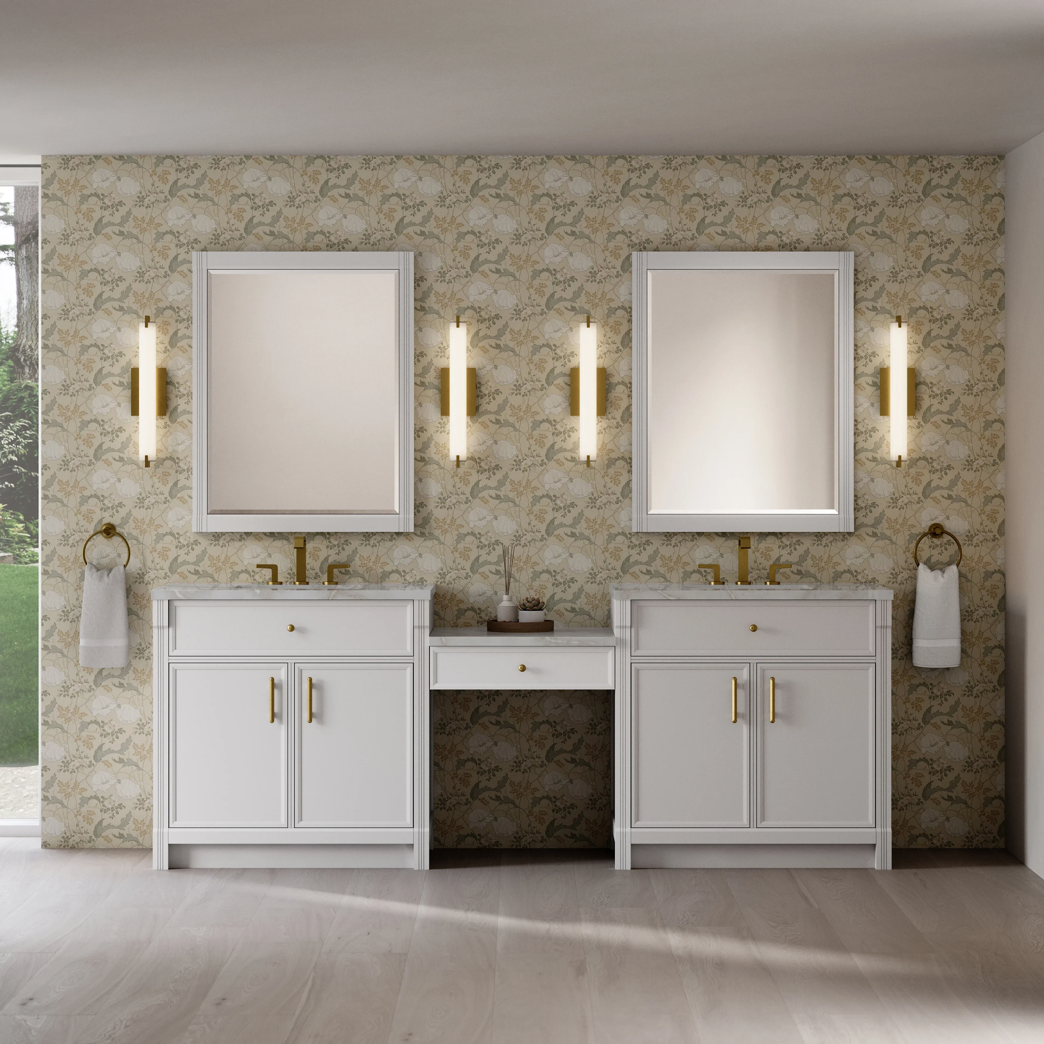 Bellshire 96" Dual Vanity Set with 24" Make-Up Counter, Bright White w/3 cm Victorian Silver Silestone Top