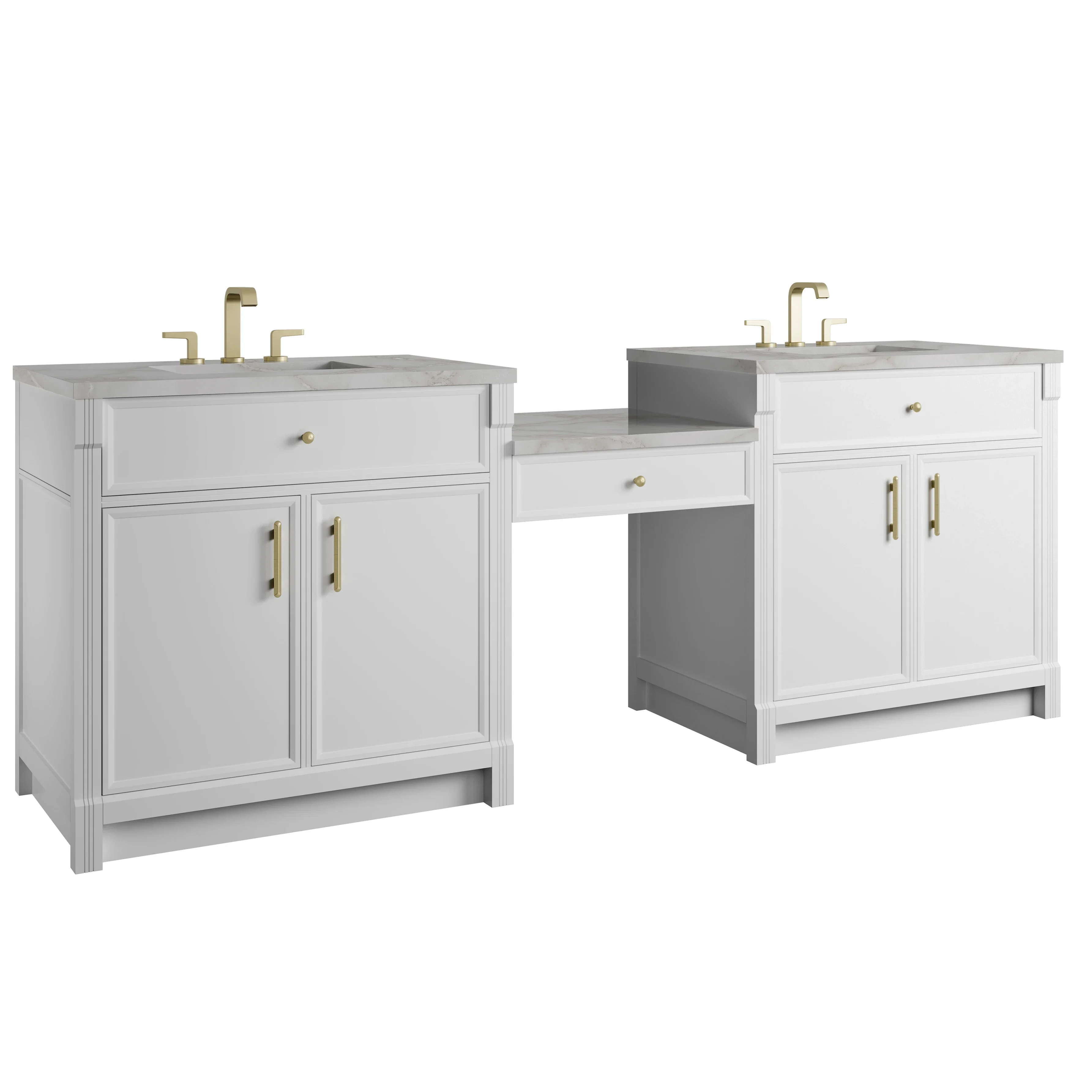 Bellshire 96" Dual Vanity Set with 24" Make-Up Counter, Bright White w/3 cm Victorian Silver Silestone Top