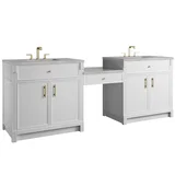 Bellshire 96" Dual Vanity Set with 24" Make-Up Counter, Bright White w/3 cm Victorian Silver Silestone Top