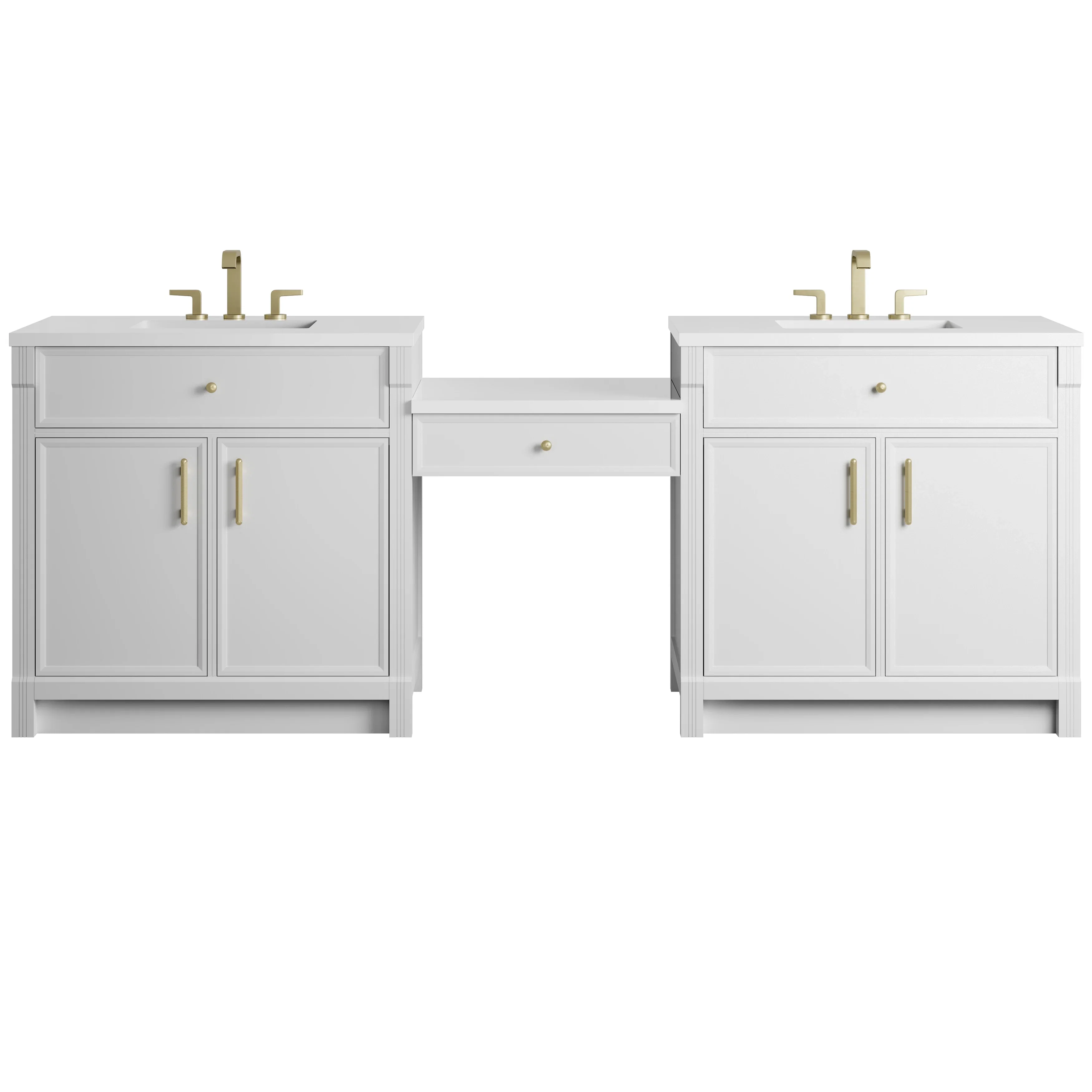 Bellshire 96" Dual Vanity Set with 24" Make-Up Counter, Bright White w/3 cm White Zeus Silestone Top